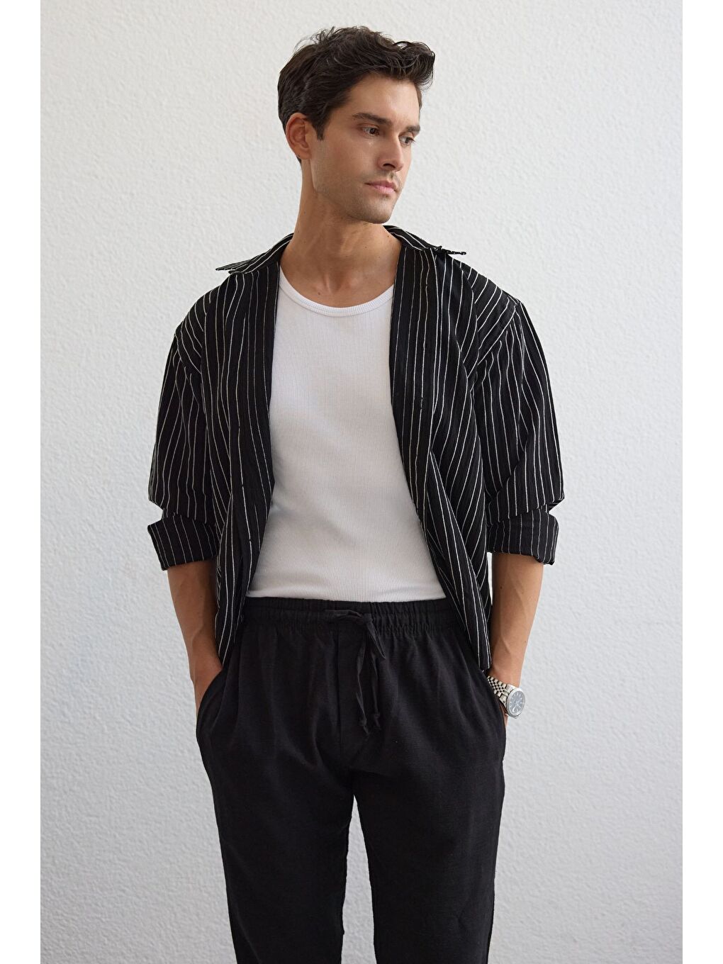 Siyah Tugur Erkek Çizgili Oversize Premium Gömlek Soft Touch Refined Comfort-5