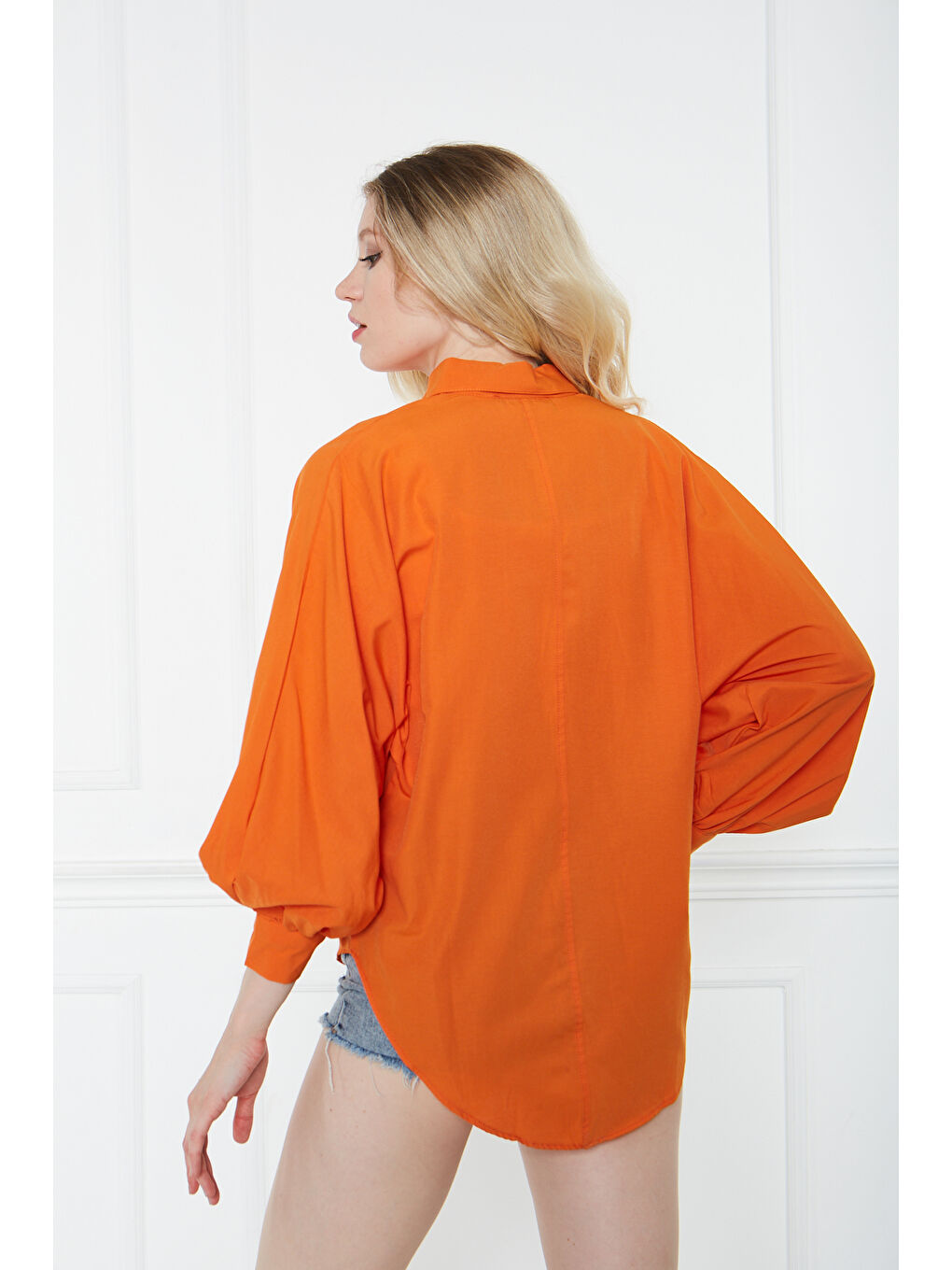 Kadın Trend Balon Kol Düğmeli Basic Turuncu Tunik Gömlek-6