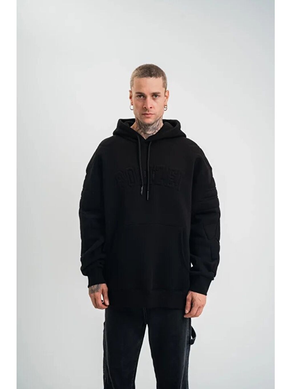 Double Oversize Kapüşonlu Nakışlı SweatShirt - Siyah