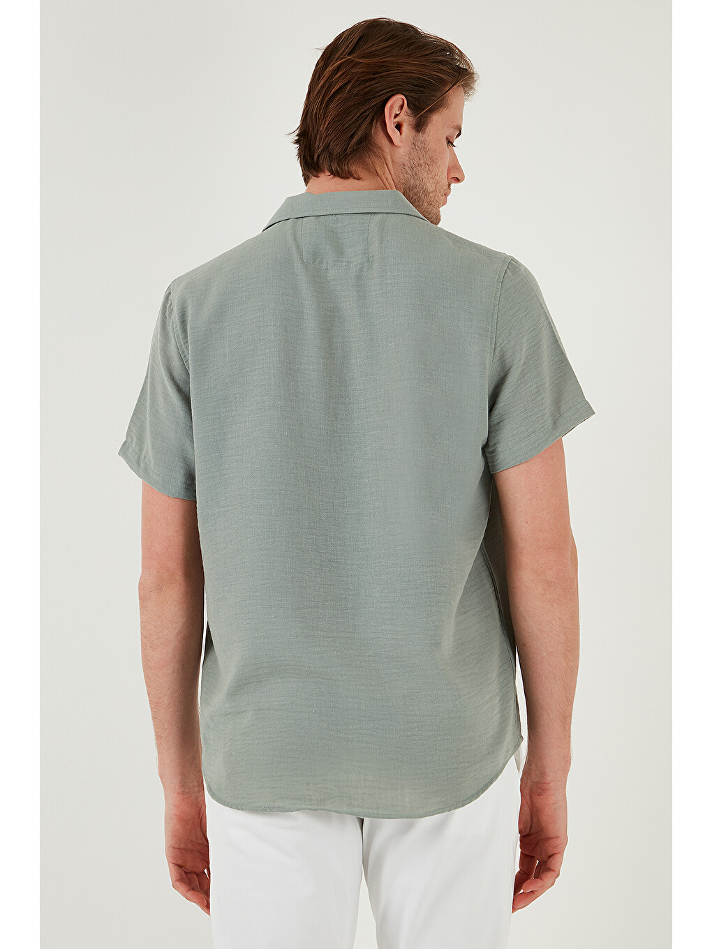 Yeşil Keten Görünümlü Kısa Kollu Apaş Yaka Regular Fit Gömlek Cf23s116775-6