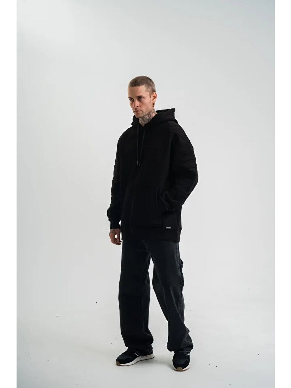 Double Oversize Kapüşonlu Nakışlı SweatShirt - Siyah-2