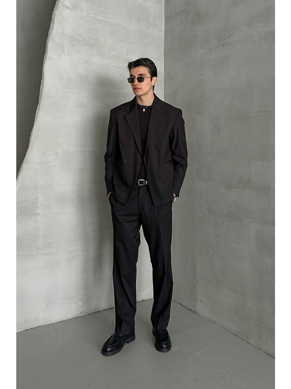 Siyah Erkek Tek Düğmeli Oversize Takım Elbise