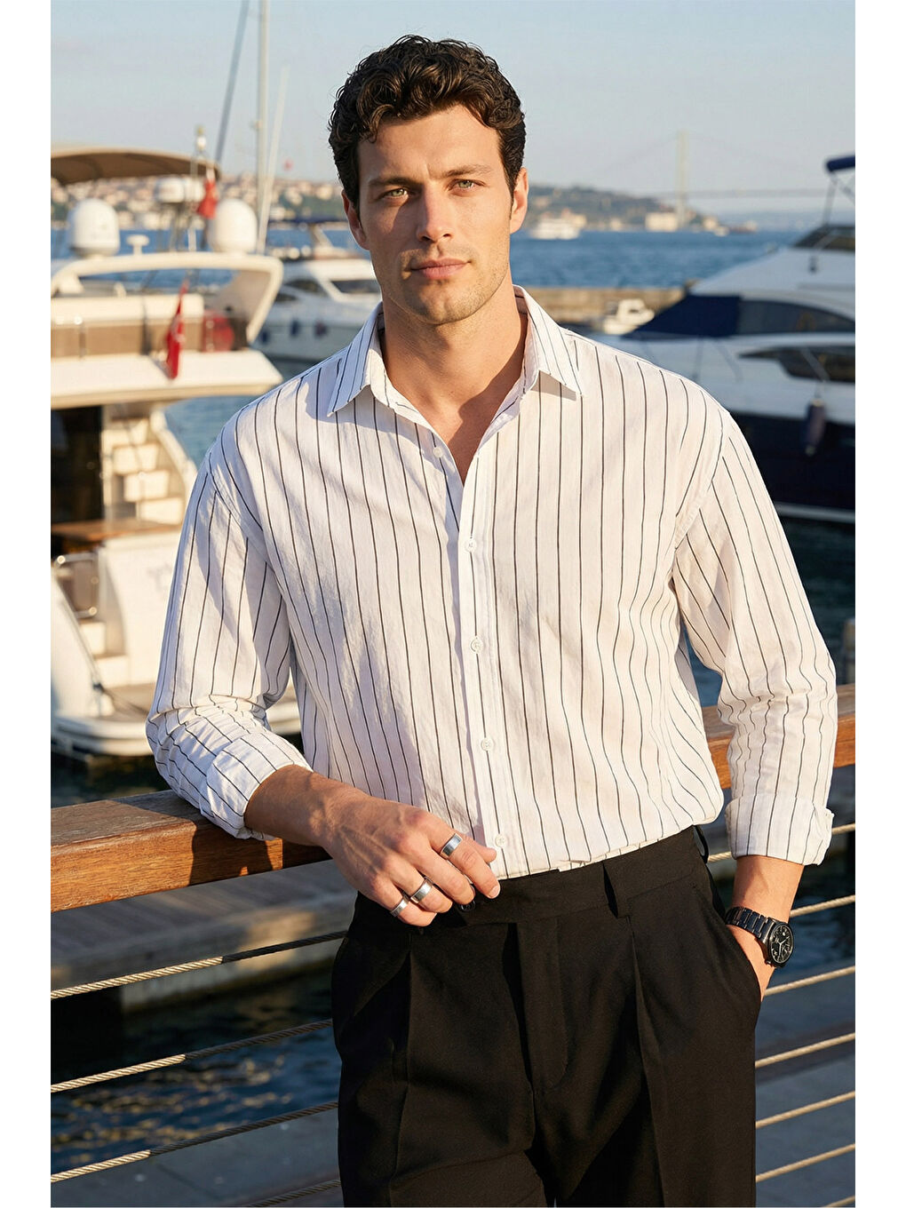 Beyaz Arkit Erkek Çizgili Viskon Oversize Gömlek-1