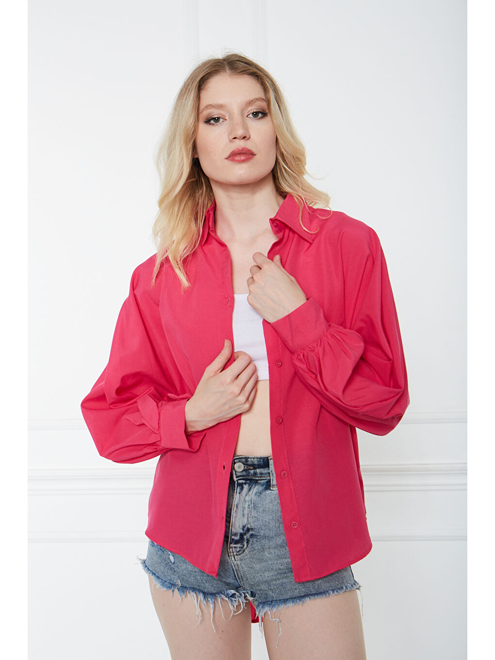 Kadın Trend Balon Kol Düğmeli Basic Pembe Tunik Gömlek-1