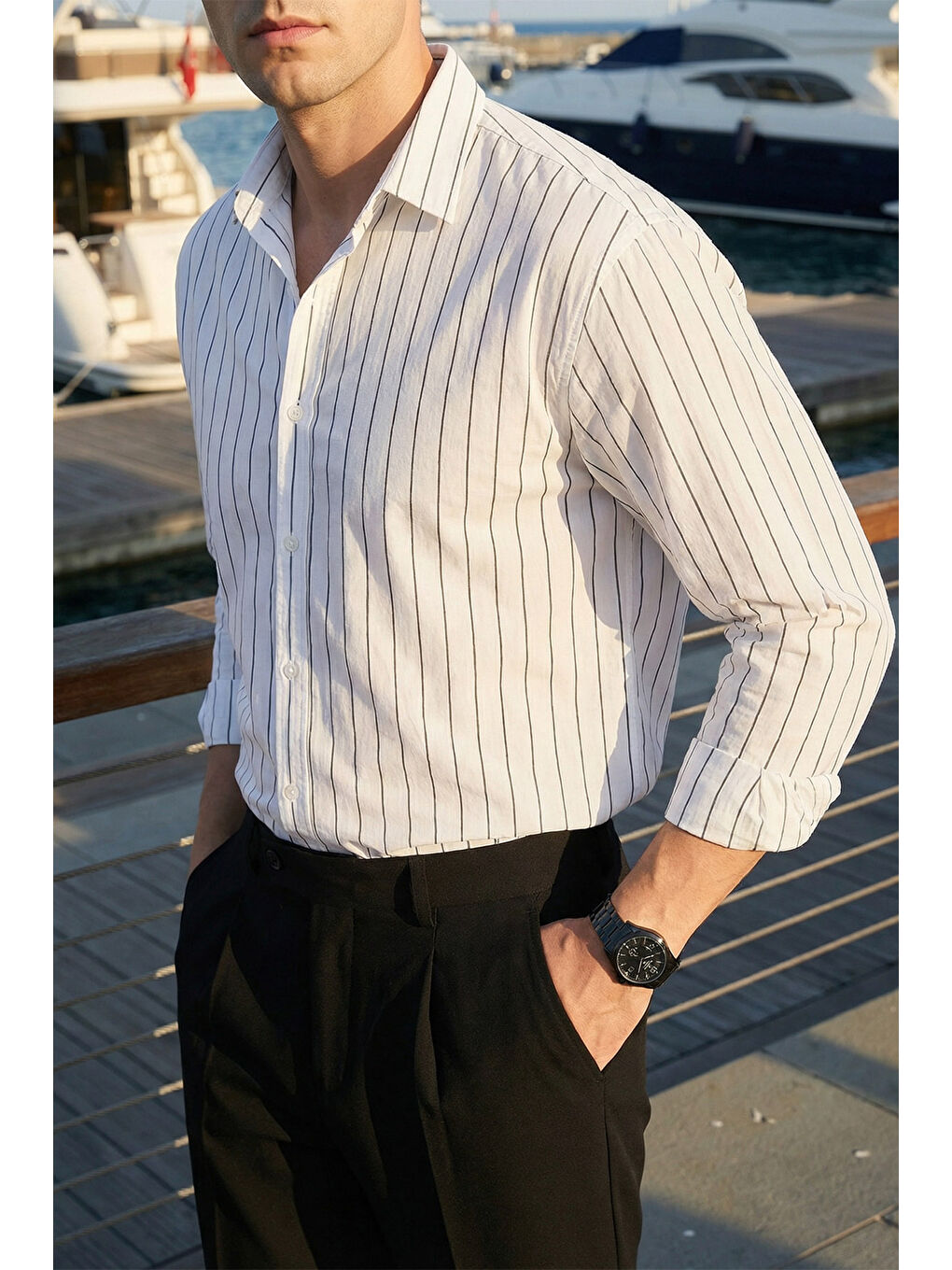 Beyaz Arkit Erkek Çizgili Viskon Oversize Gömlek-2