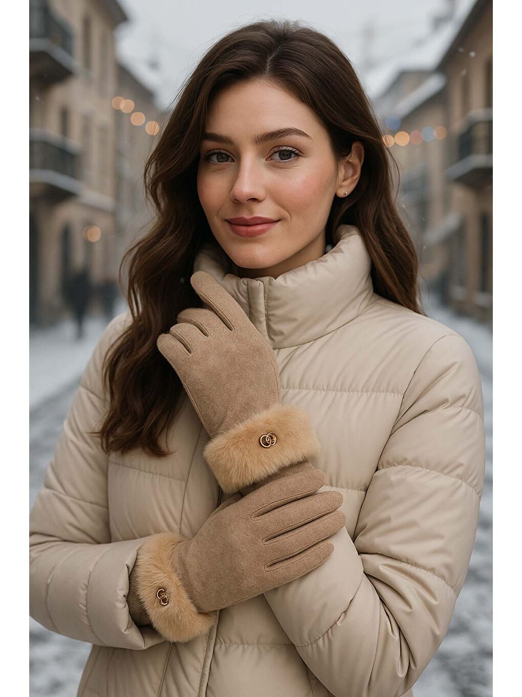 Bej Kürk Detay Kadın Kaşe Eldiven ELD-29 Vizon-2