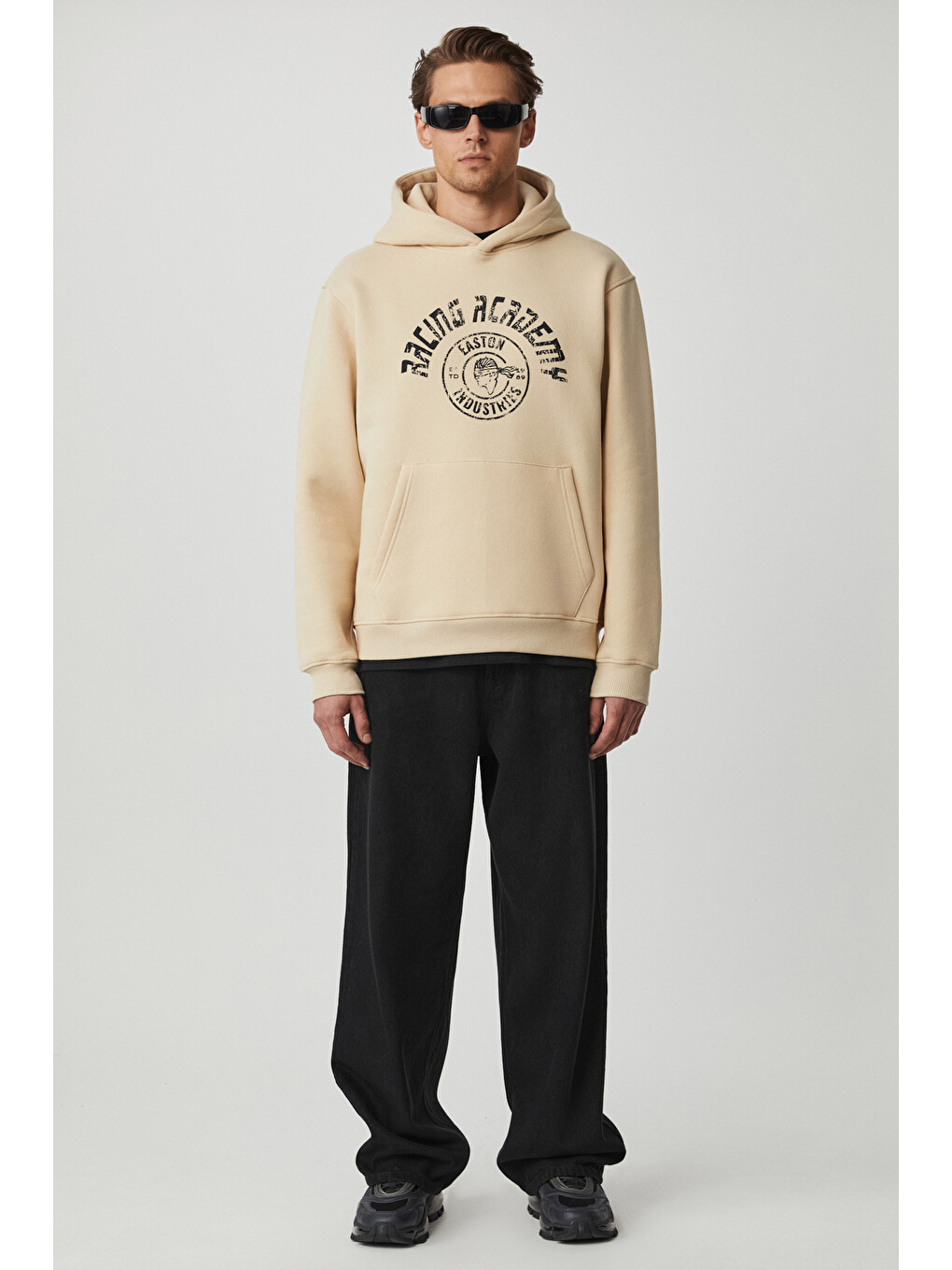 Edgar Erkek %75 Pamuk %25 Polyester Yumuşacık Kapüşonlu Oversize Bej Sweatshirt-2