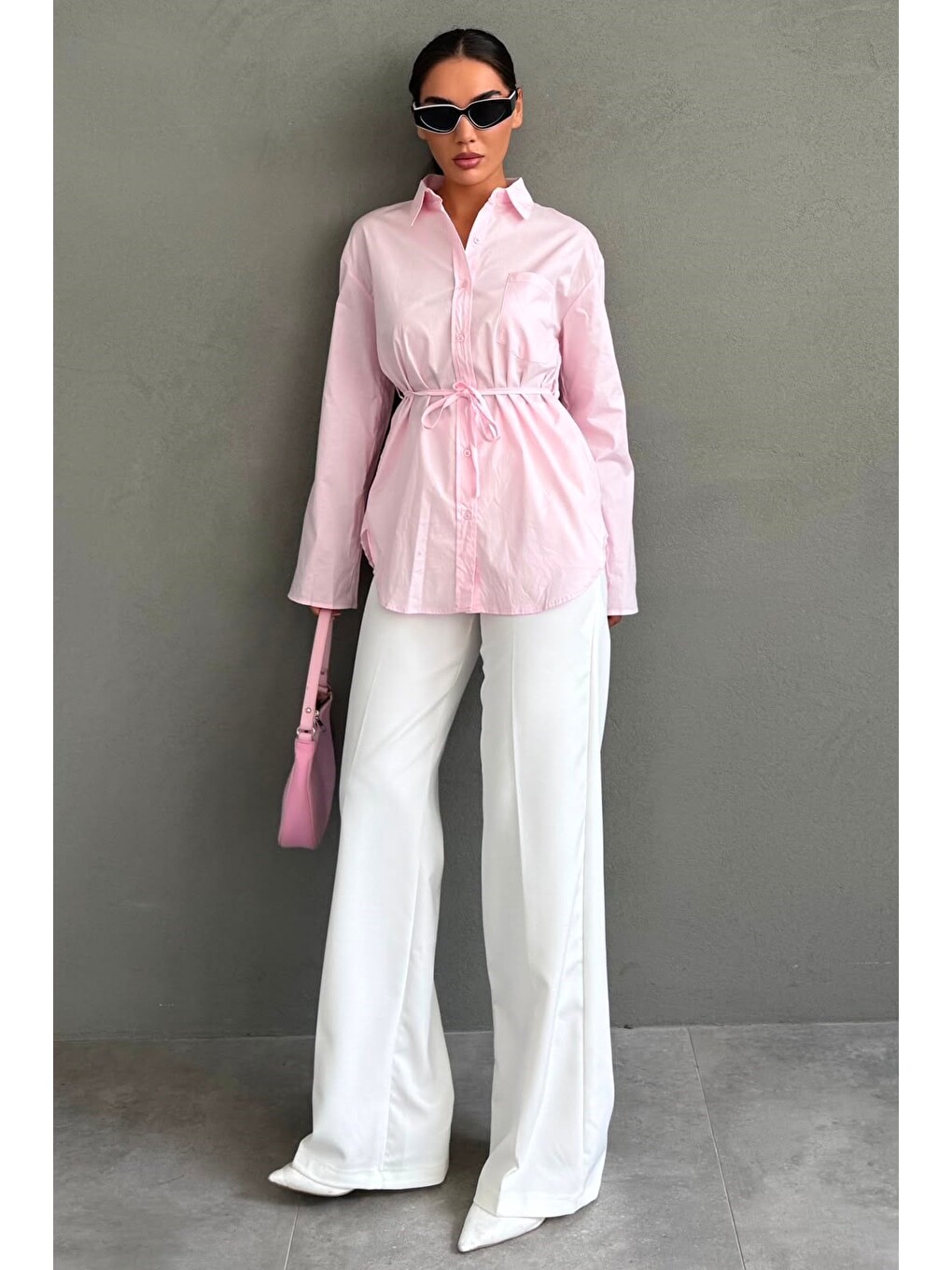 Pembe Belden Bağlamalı Oversize Cepli Gömlek Mg2798-1