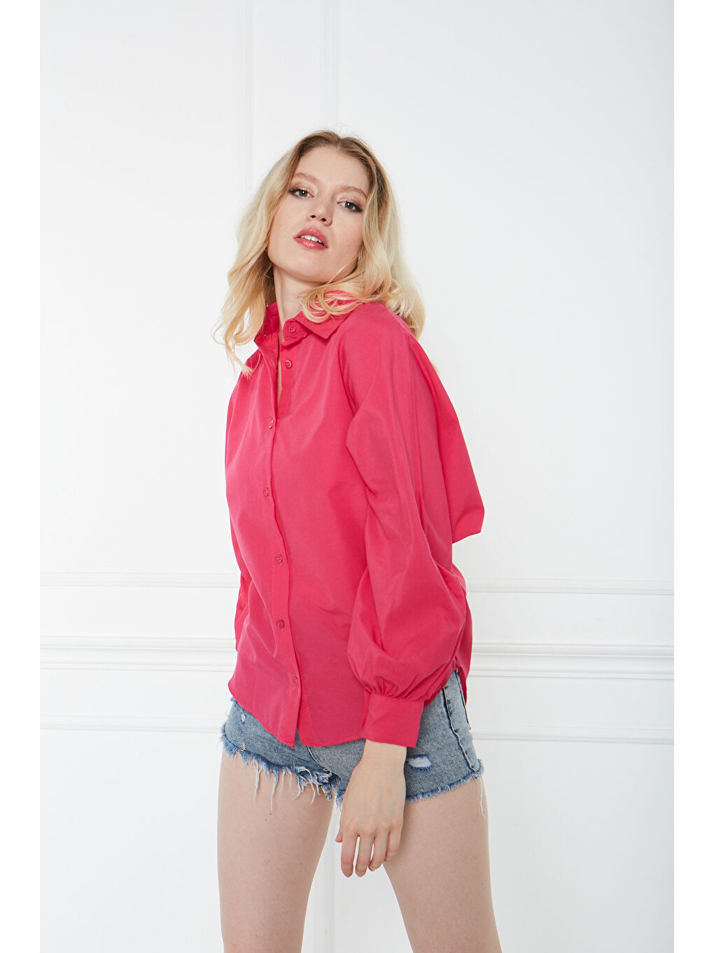 Kadın Trend Balon Kol Düğmeli Basic Pembe Tunik Gömlek-2