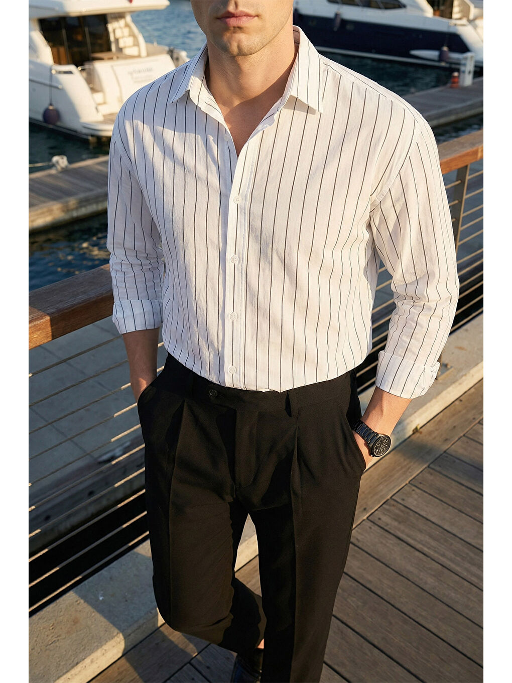 Beyaz Arkit Erkek Çizgili Viskon Oversize Gömlek-3