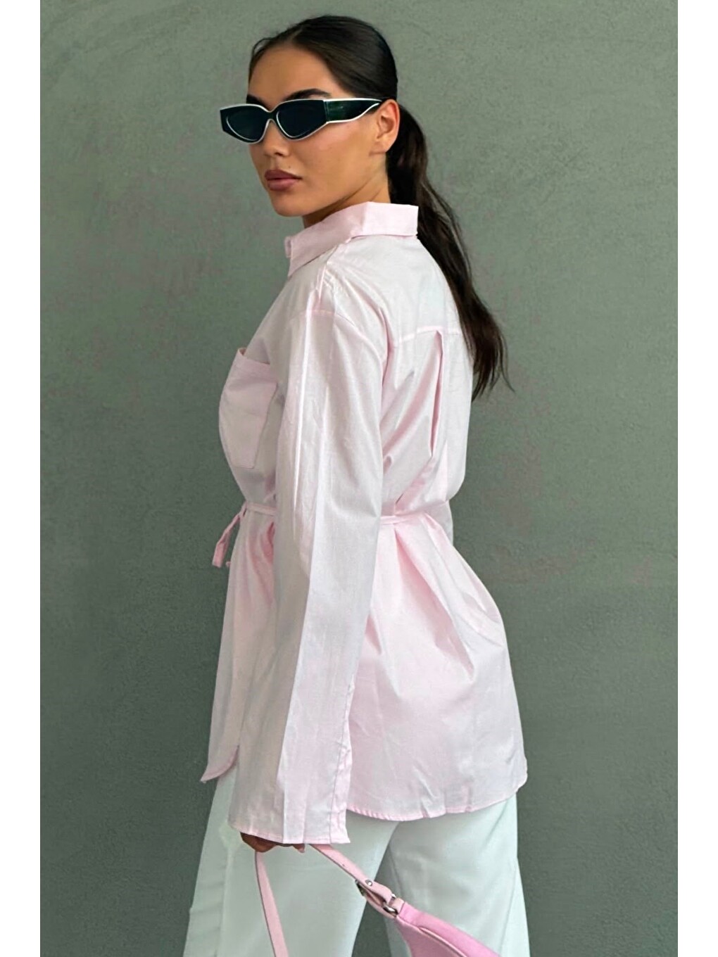 Pembe Belden Bağlamalı Oversize Cepli Gömlek Mg2798-2