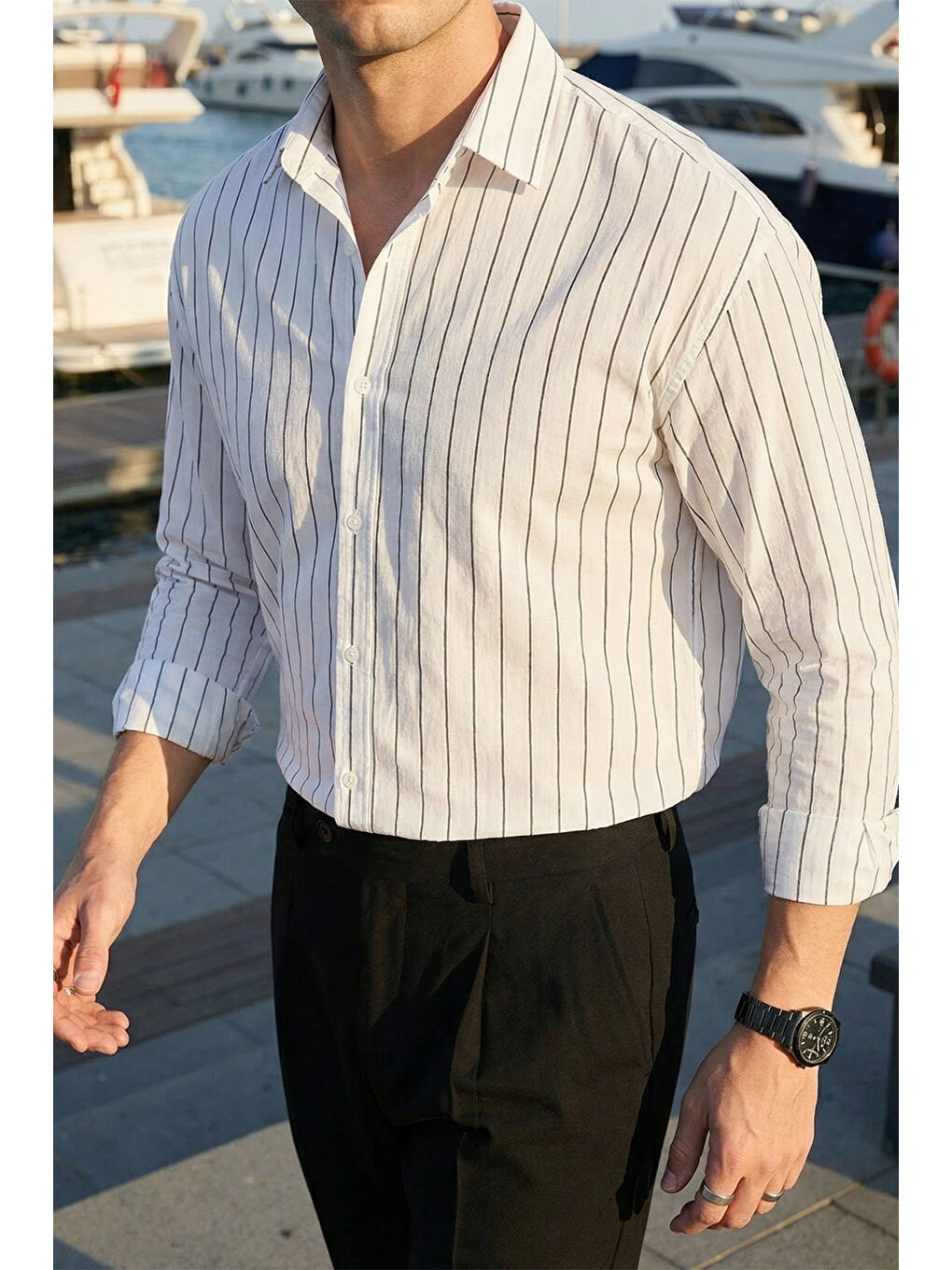 Beyaz Arkit Erkek Çizgili Viskon Oversize Gömlek-4