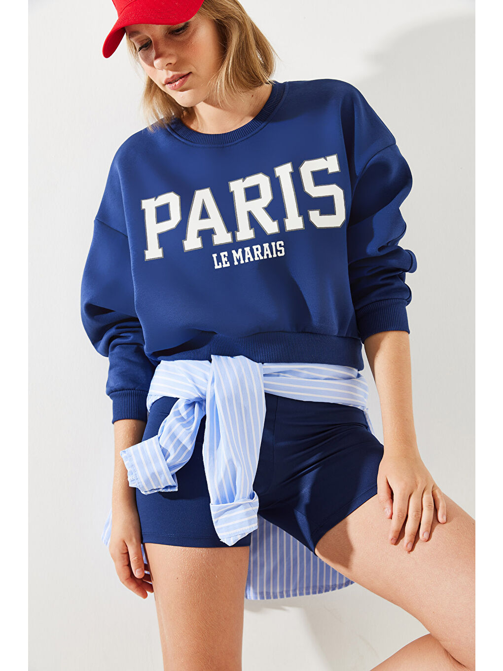 Lacivert Kadın Paris Baskılı Üç İplik Şardonlu Sweatshirt-3