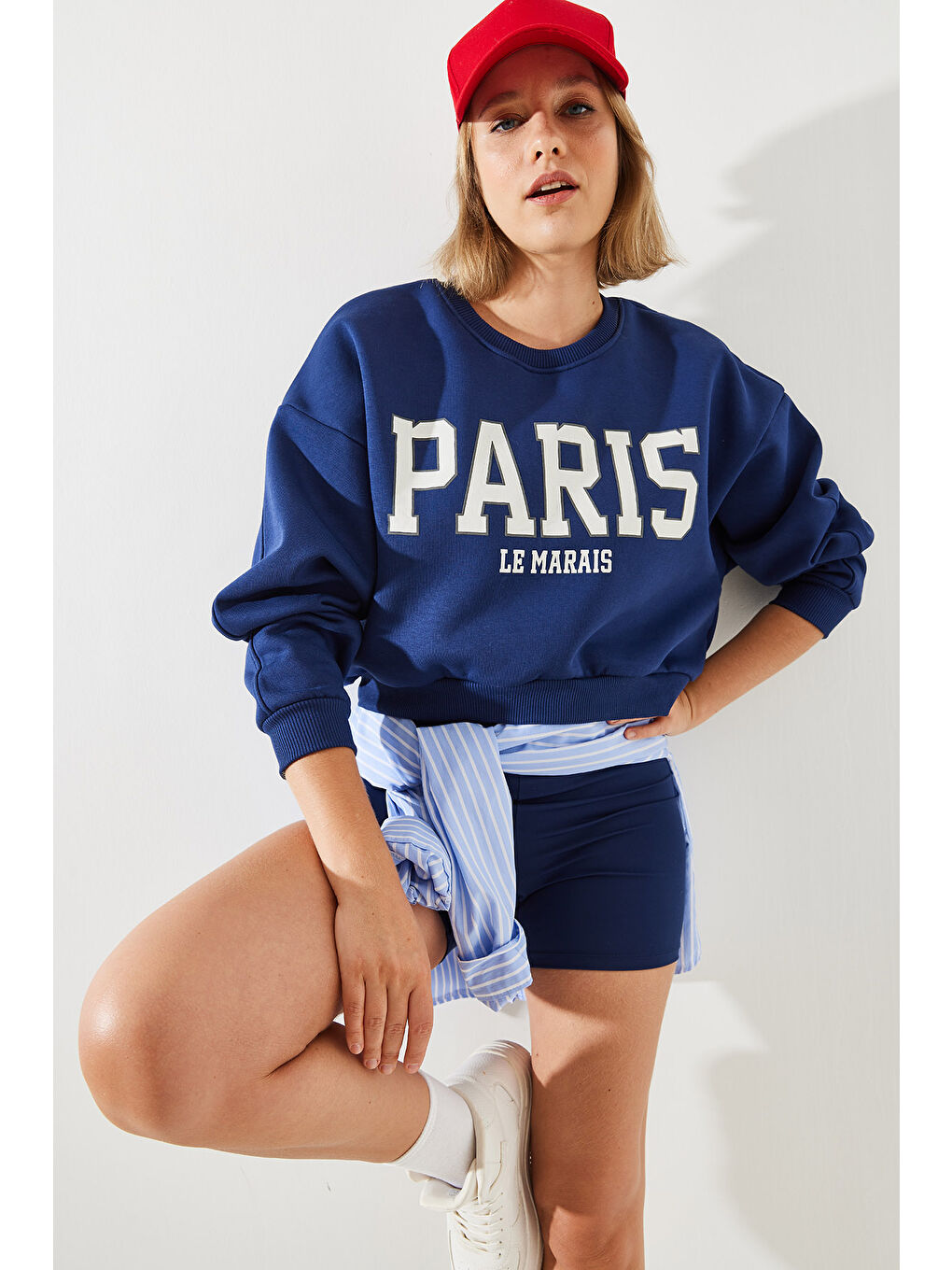 Lacivert Kadın Paris Baskılı Üç İplik Şardonlu Sweatshirt-4
