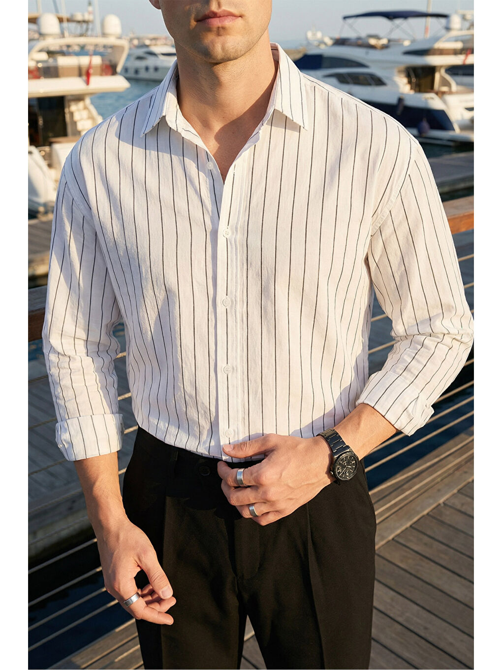 Beyaz Arkit Erkek Çizgili Viskon Oversize Gömlek-5