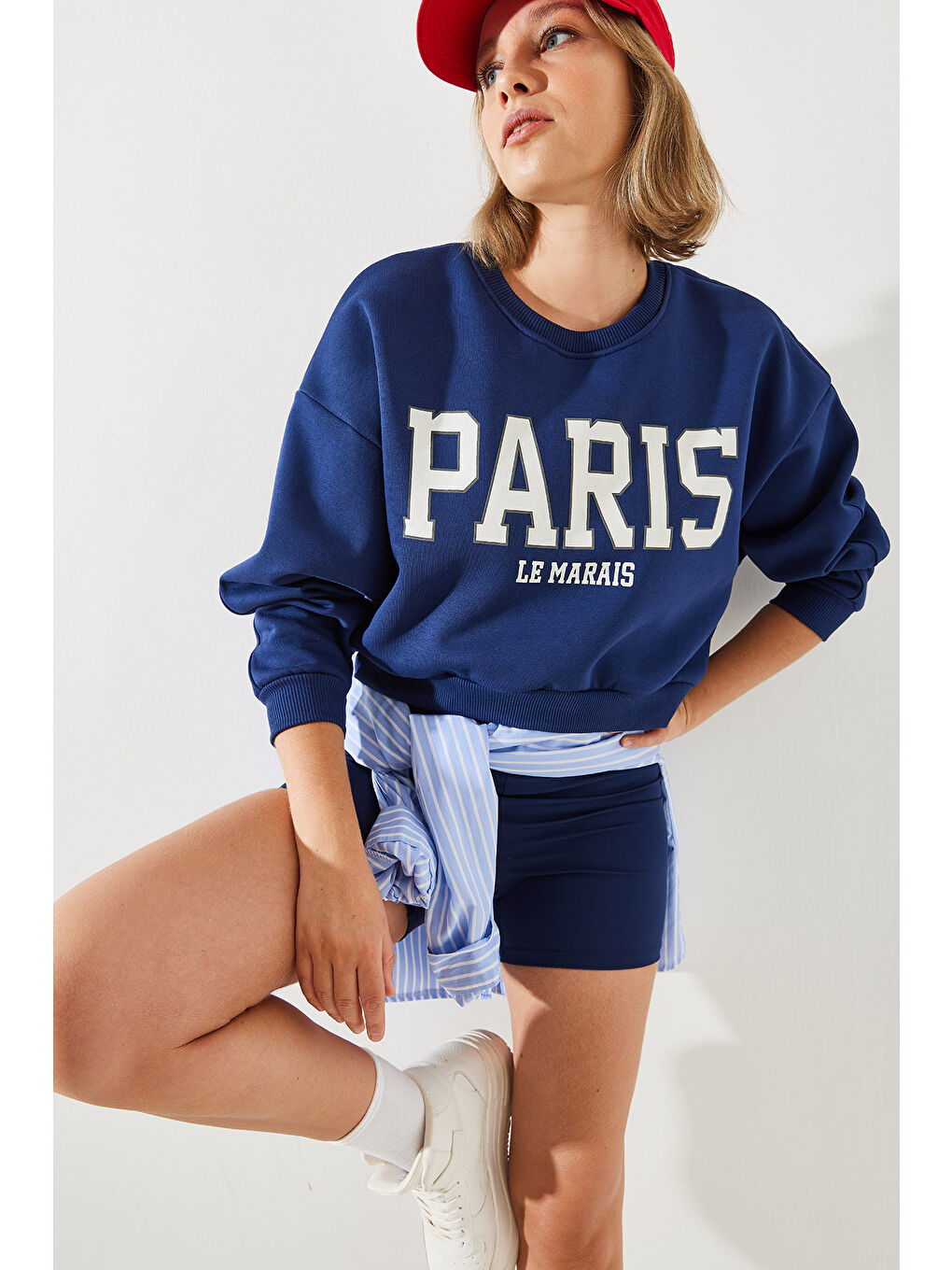 Lacivert Kadın Paris Baskılı Üç İplik Şardonlu Sweatshirt-5