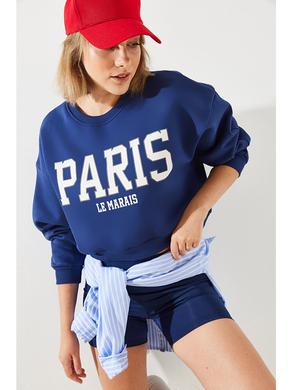 Lacivert Kadın Paris Baskılı Üç İplik Şardonlu Sweatshirt-6