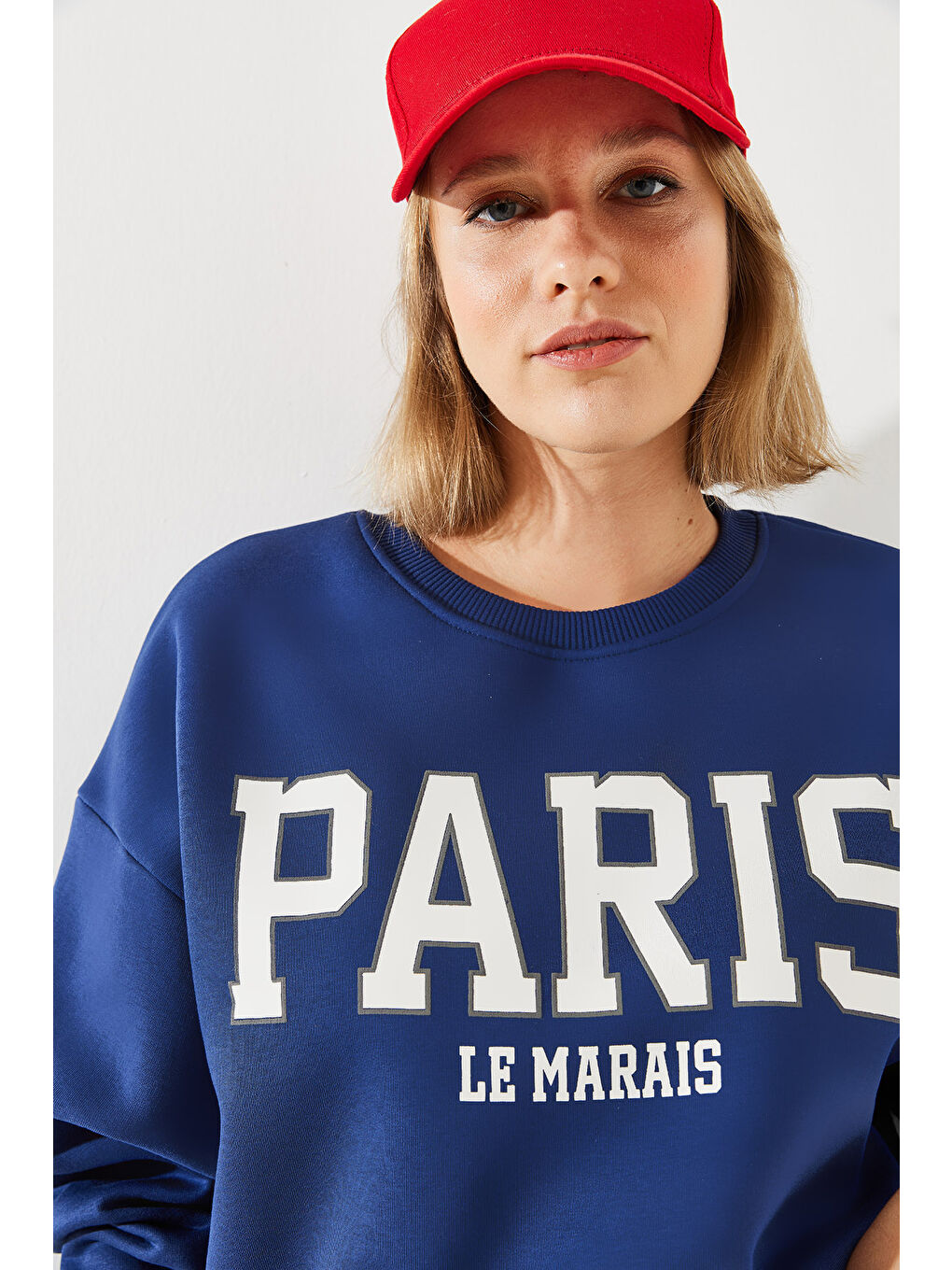Lacivert Kadın Paris Baskılı Üç İplik Şardonlu Sweatshirt-7