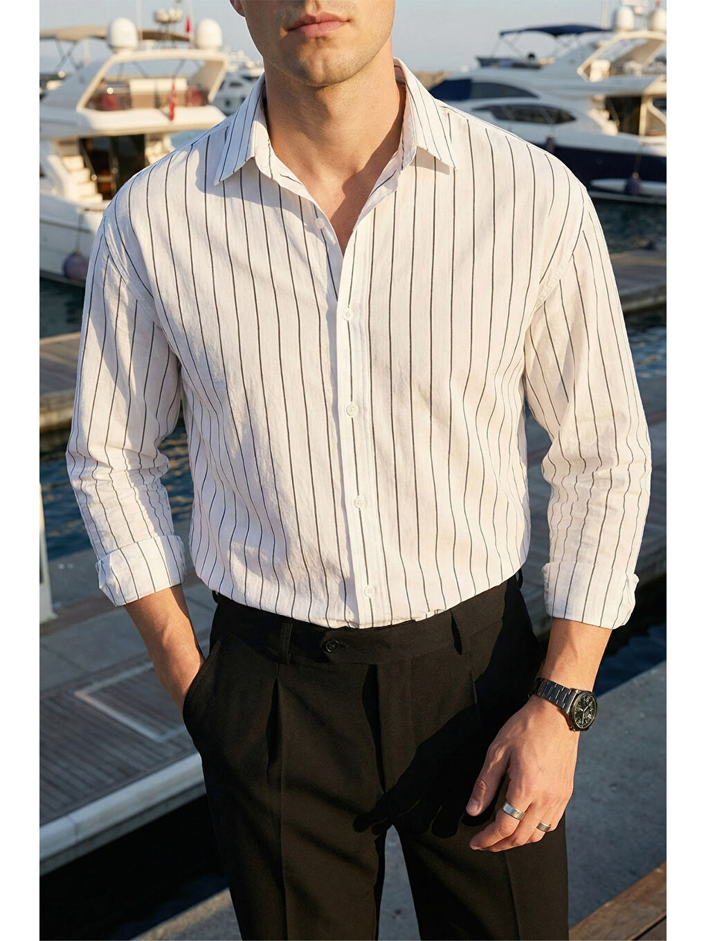 Beyaz Arkit Erkek Çizgili Viskon Oversize Gömlek-6