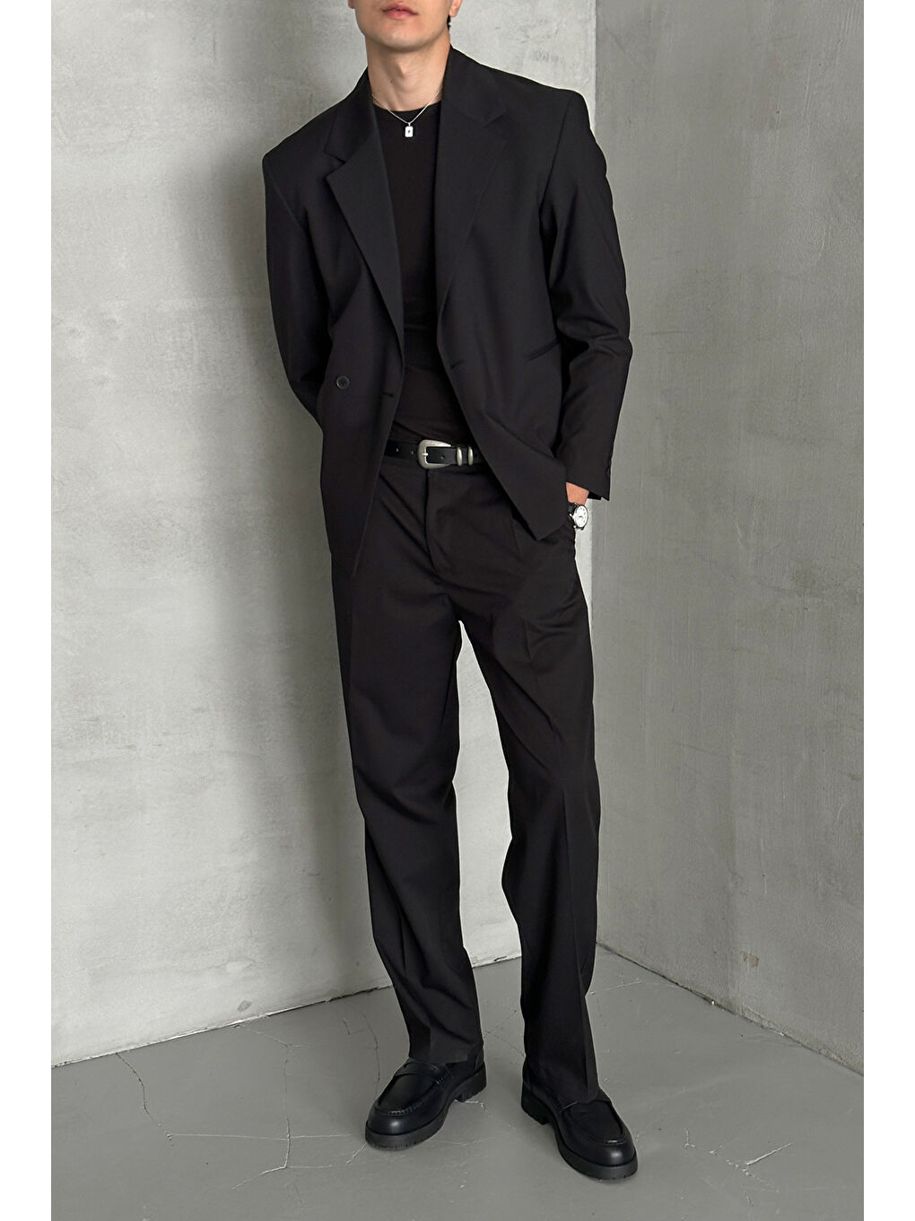 Siyah Erkek Tek Düğmeli Oversize Takım Elbise-1