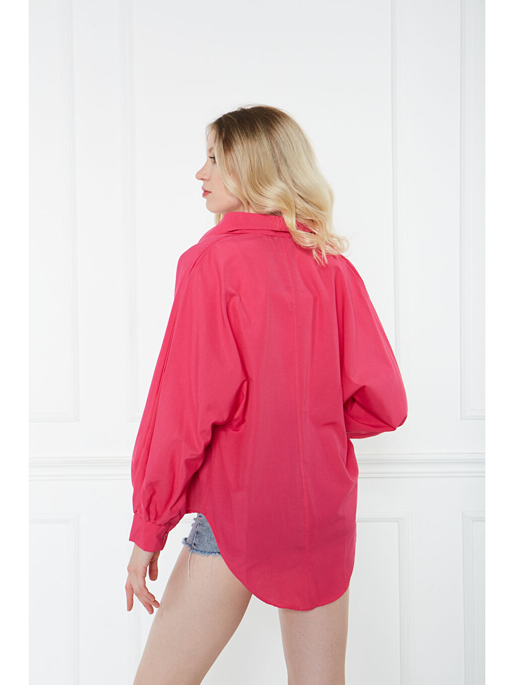 Kadın Trend Balon Kol Düğmeli Basic Pembe Tunik Gömlek-6