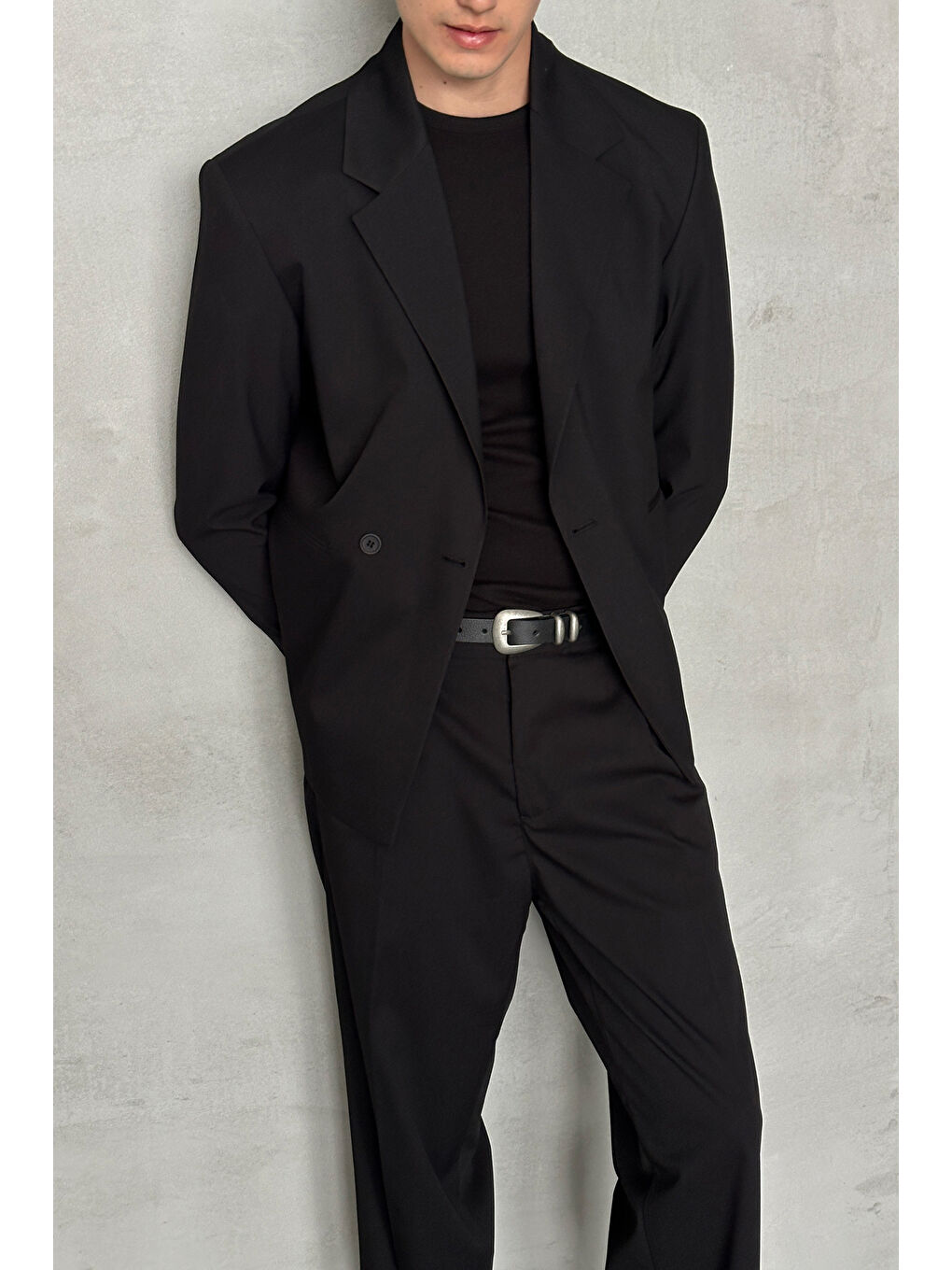 Siyah Erkek Tek Düğmeli Oversize Takım Elbise-2