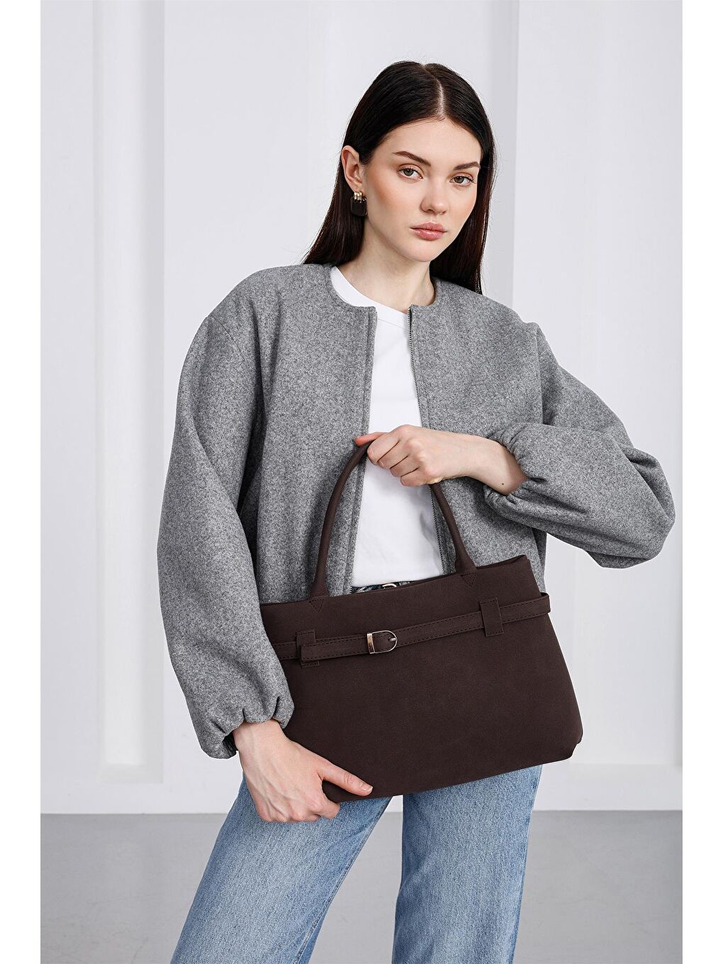 Kahverengi Mussel Süet Omuz Çantası Kahve-5