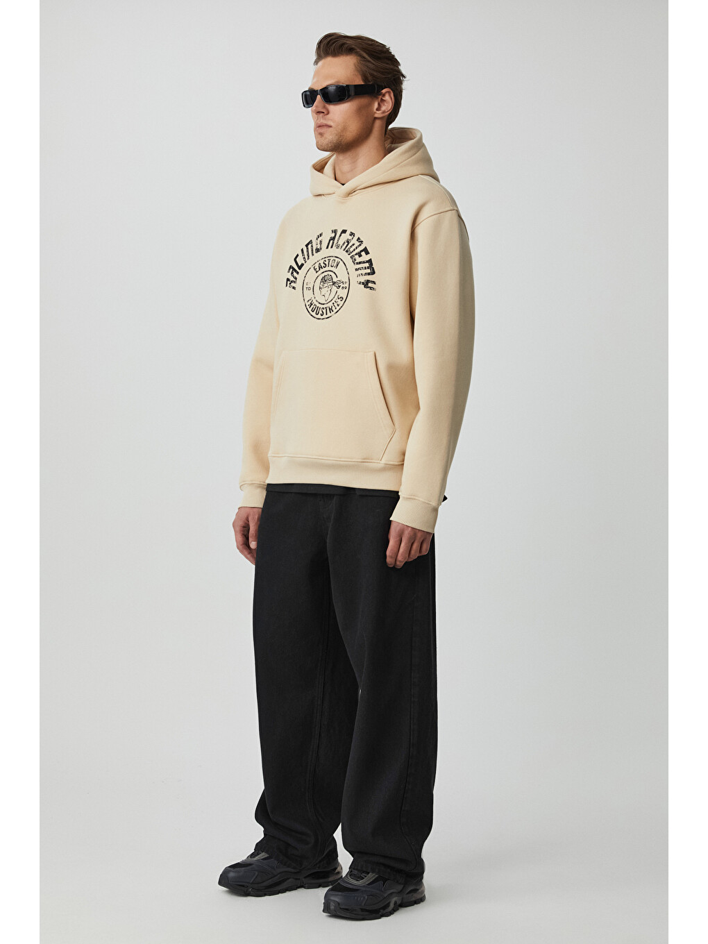 Edgar Erkek %75 Pamuk %25 Polyester Yumuşacık Kapüşonlu Oversize Bej Sweatshirt-3