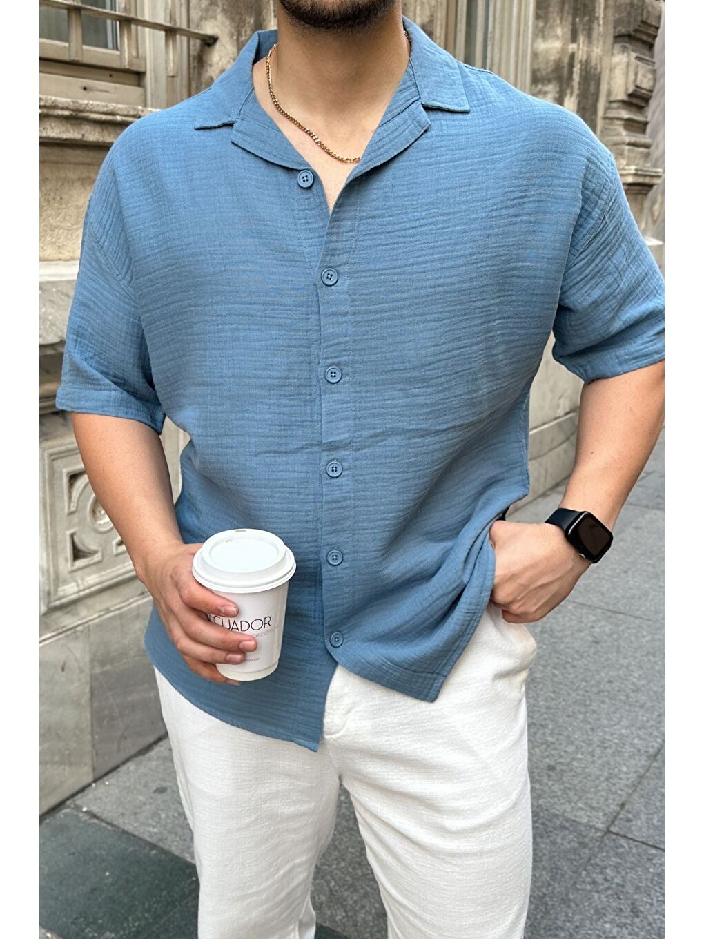 Mavi Nebel Erkek Yazlık Pamuk Gömlek Apaş Yaka Kısa Kollu, Düğmeli, Rahat Kalıp-1