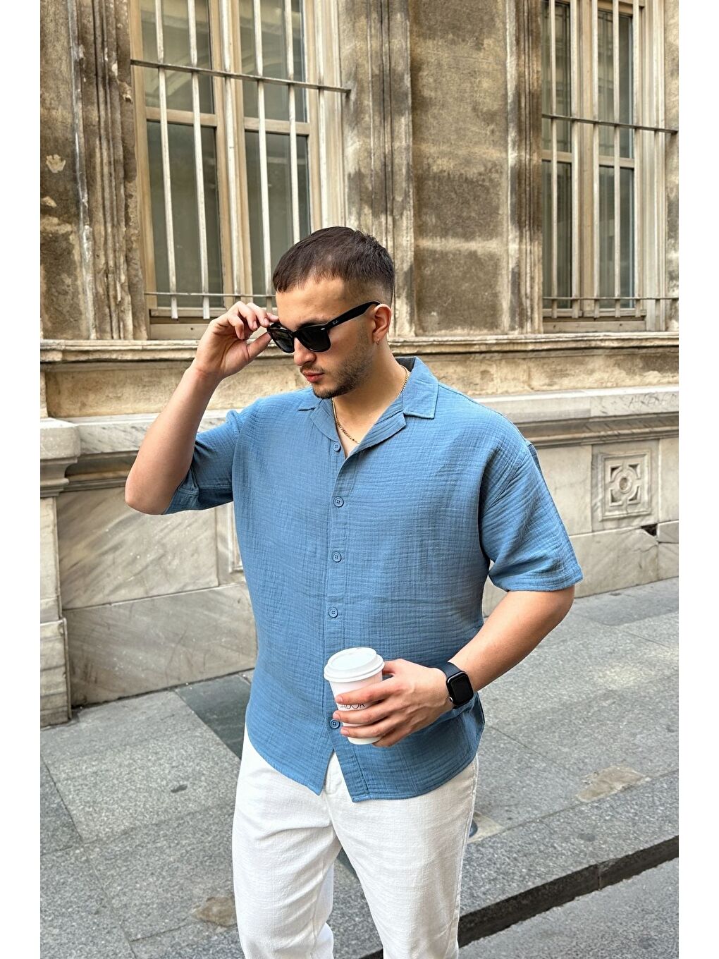 Mavi Nebel Erkek Yazlık Pamuk Gömlek Apaş Yaka Kısa Kollu, Düğmeli, Rahat Kalıp-2