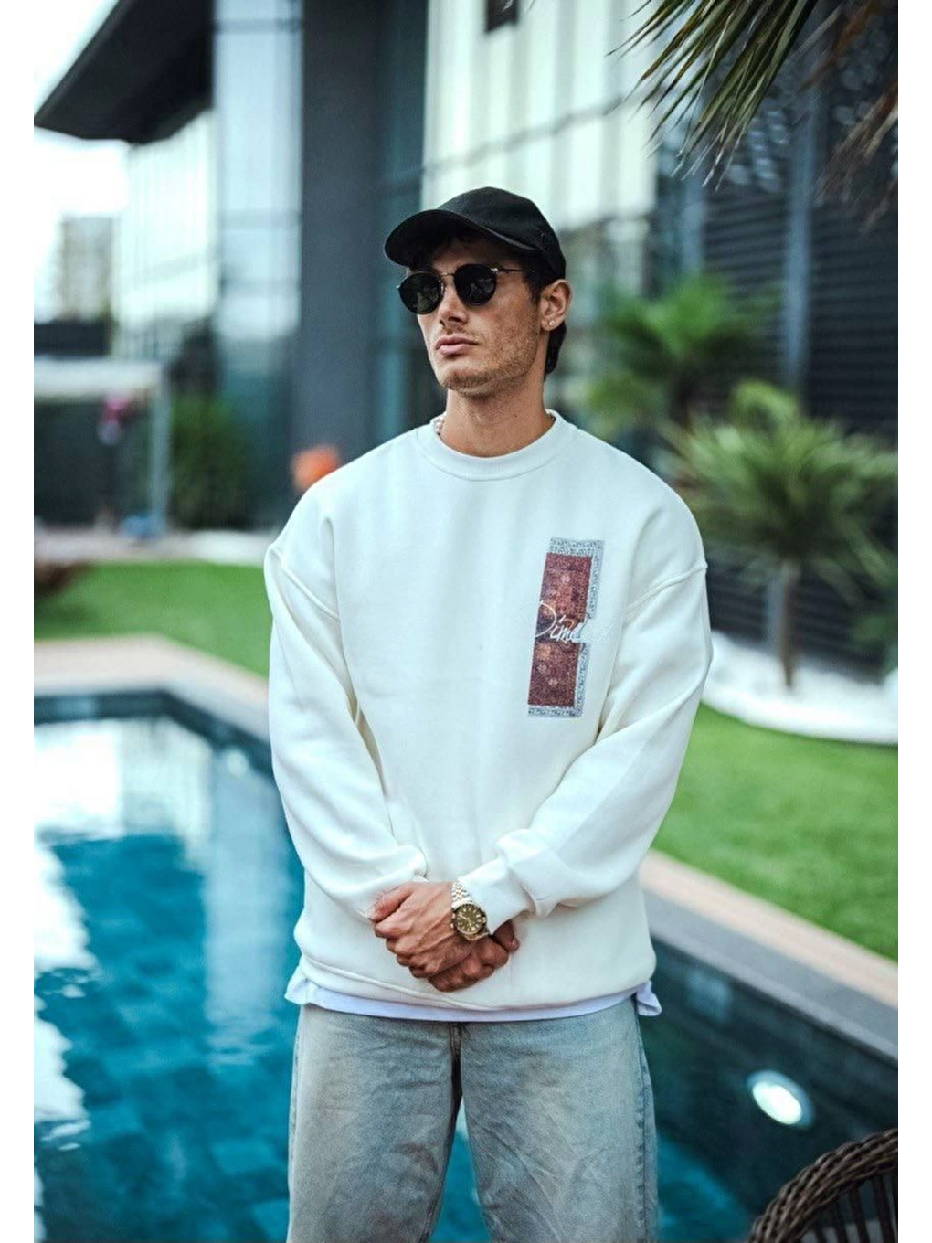 Uzun Kol Bisiklet Yaka Ön Ve Arka Baskılı Sweatshirt - Beyaz-1