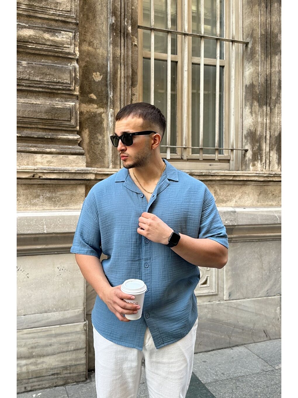 Mavi Nebel Erkek Yazlık Pamuk Gömlek Apaş Yaka Kısa Kollu, Düğmeli, Rahat Kalıp-3