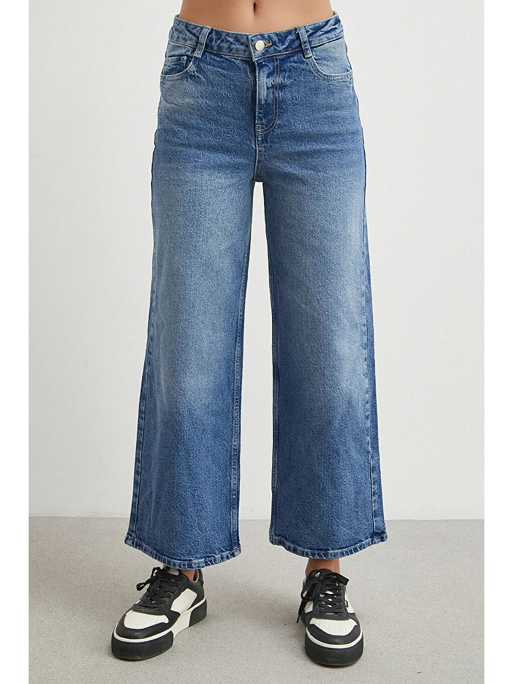 Yüksek Bel Beş Cepli Cropped Jean Mavi-3