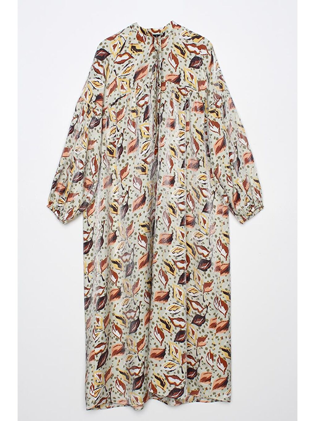 Turkuaz Su Yeşili-Kahve-Yakası Fularlı Emprime Desen Işıltılı Elbise-5