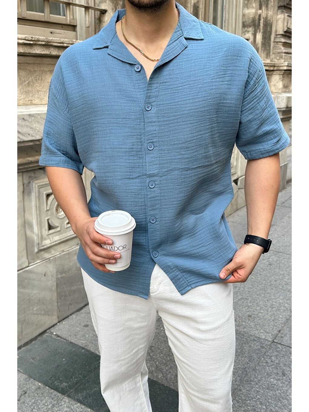 Mavi Nebel Erkek Yazlık Pamuk Gömlek Apaş Yaka Kısa Kollu, Düğmeli, Rahat Kalıp-4
