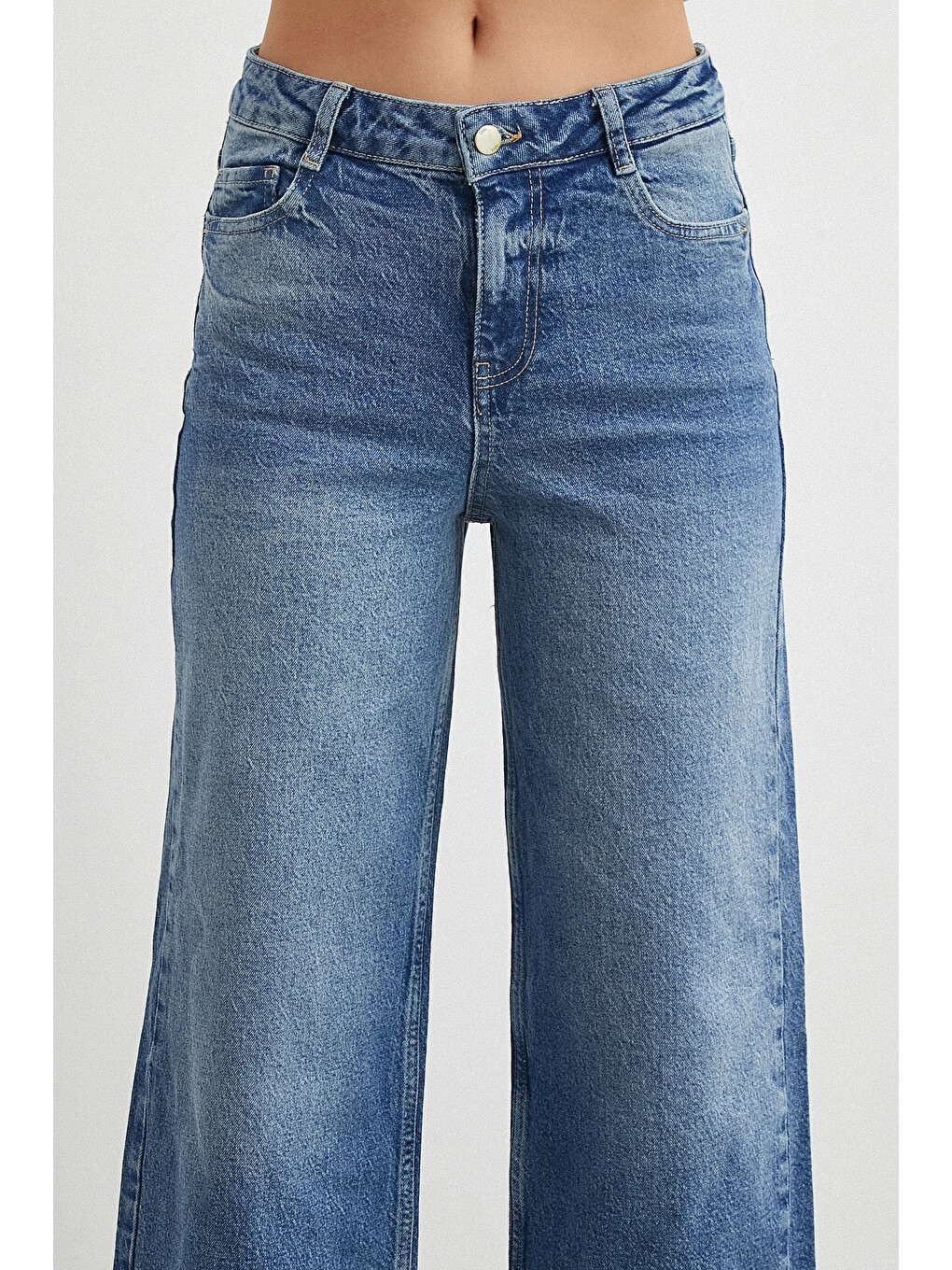 Yüksek Bel Beş Cepli Cropped Jean Mavi-4