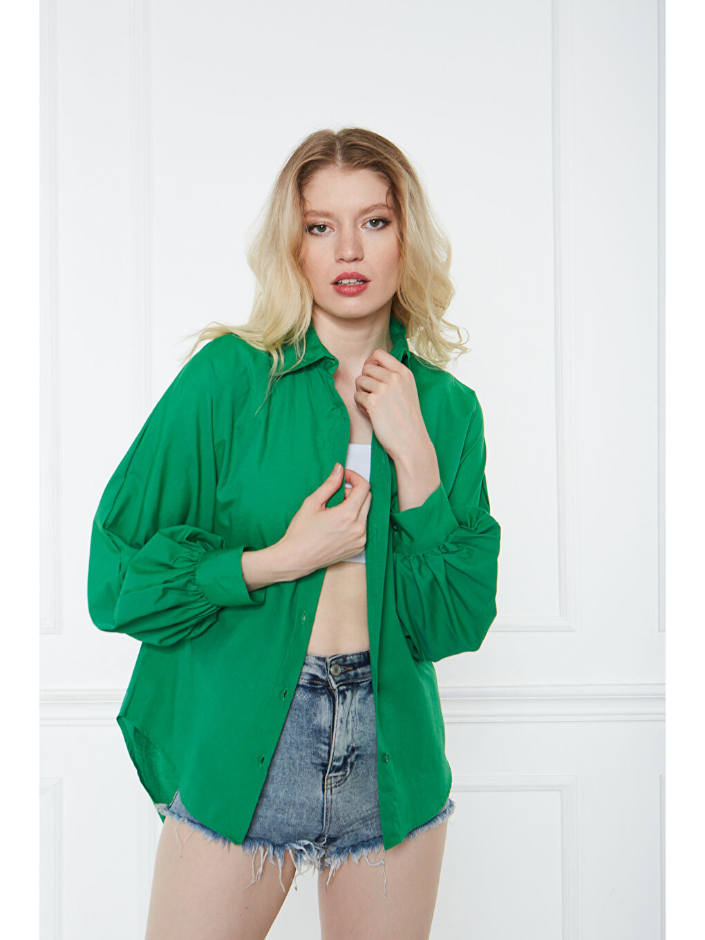 Kadın Trend Balon Kol Düğmeli Basic Yeşil Tunik Gömlek-3