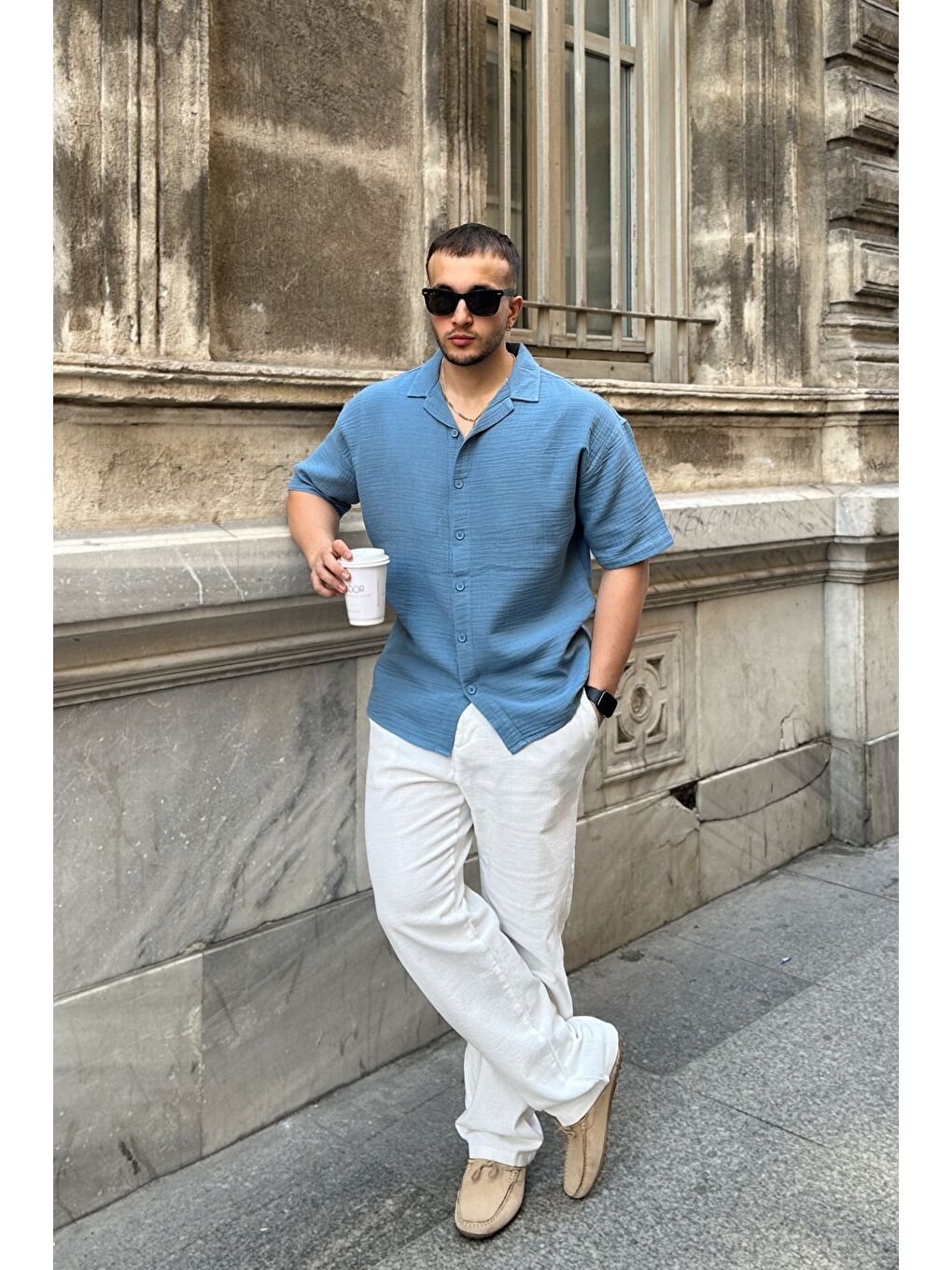 Mavi Nebel Erkek Yazlık Pamuk Gömlek Apaş Yaka Kısa Kollu, Düğmeli, Rahat Kalıp-5