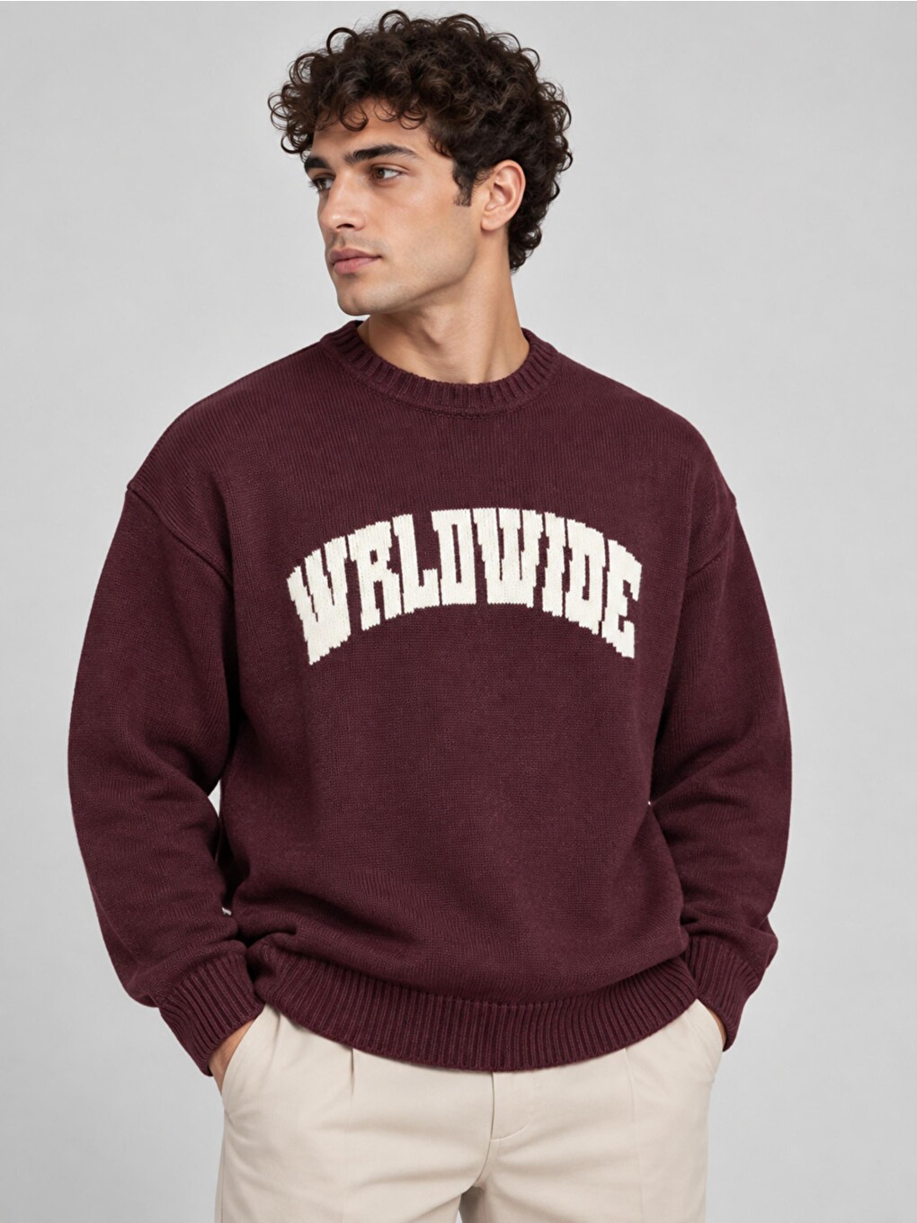 Bordo Baskılı Oversize Örgü Kışlık Kazak Dp 16596_10072-1