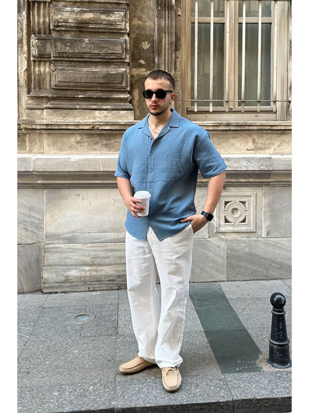 Mavi Nebel Erkek Yazlık Pamuk Gömlek Apaş Yaka Kısa Kollu, Düğmeli, Rahat Kalıp-6