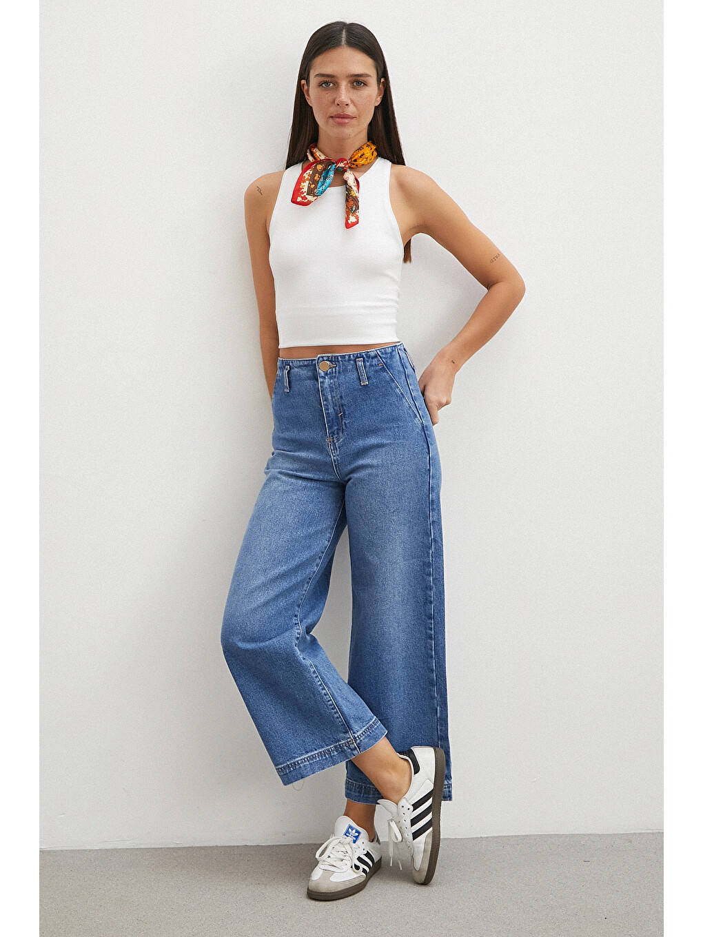 Yüksek Bel Cep Detaylı Wide Leg Jean Mavi