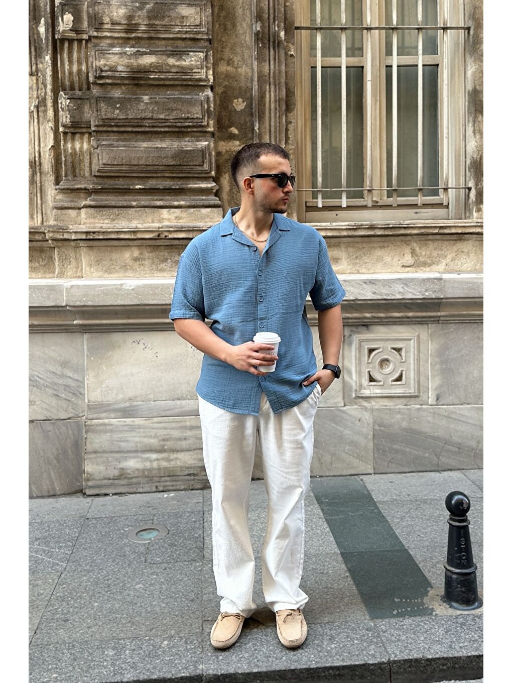 Mavi Nebel Erkek Yazlık Pamuk Gömlek Apaş Yaka Kısa Kollu, Düğmeli, Rahat Kalıp-7