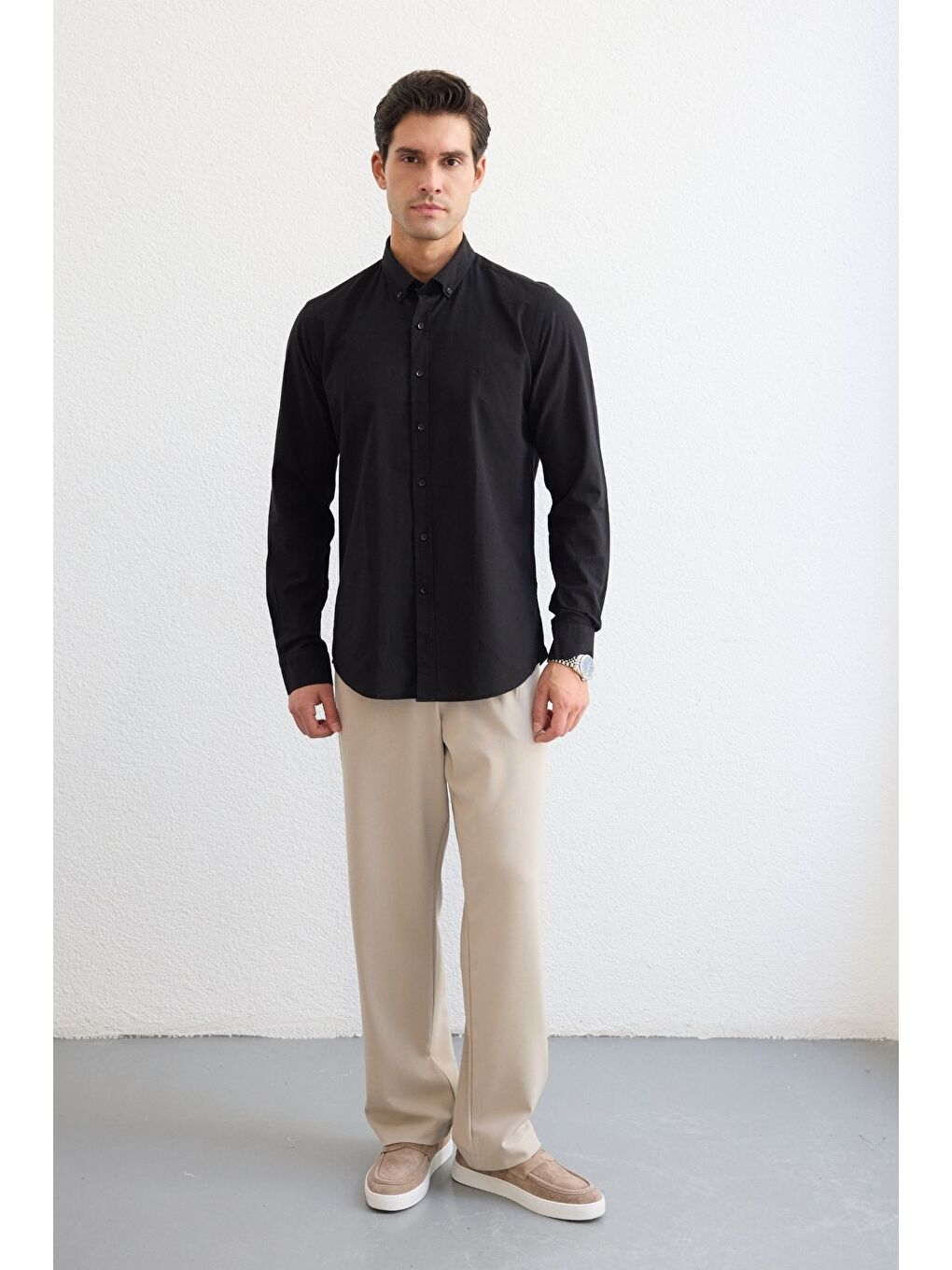 Siyah Turi Erkek Pamuk Gömlek Modern Slim Fit Keten Görünümlü Uzun Kol-1