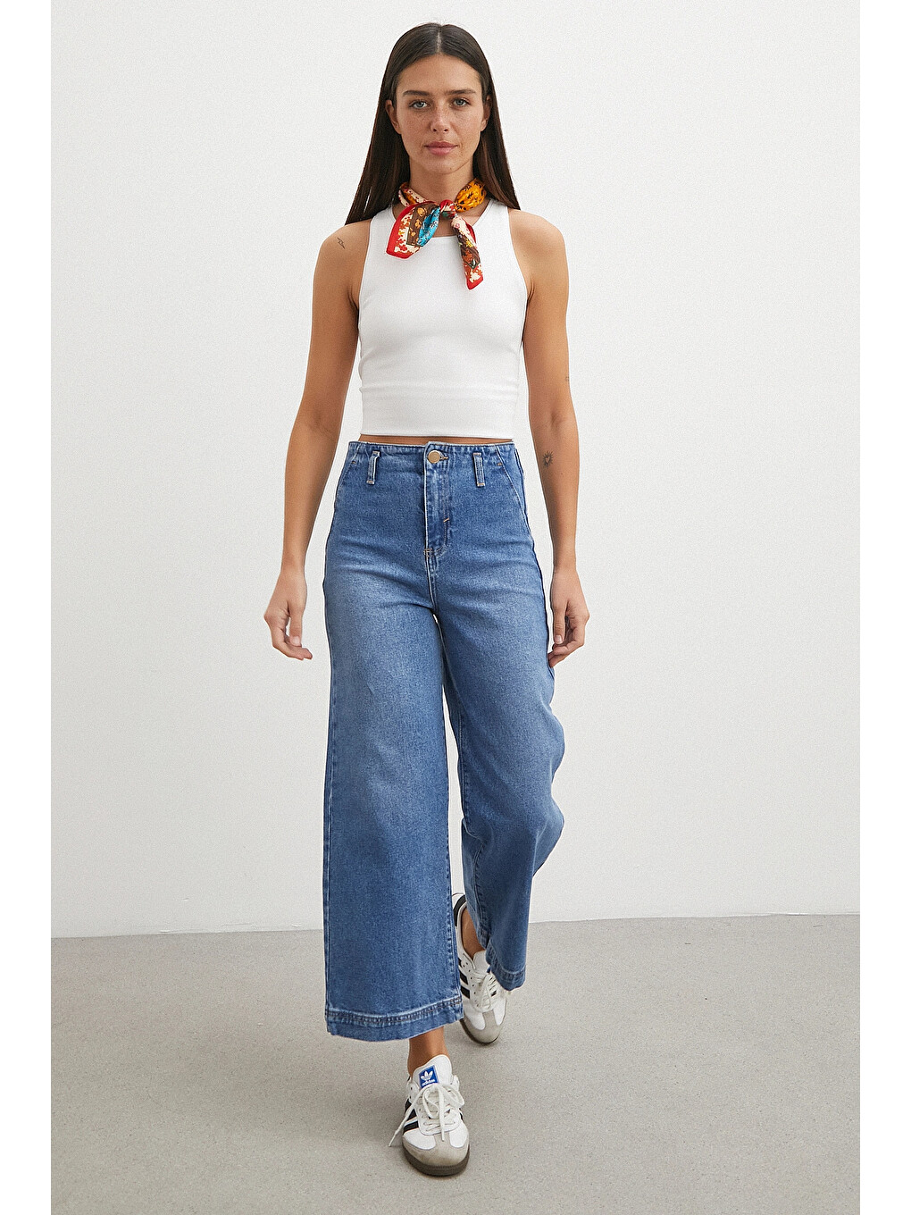Yüksek Bel Cep Detaylı Wide Leg Jean Mavi-2