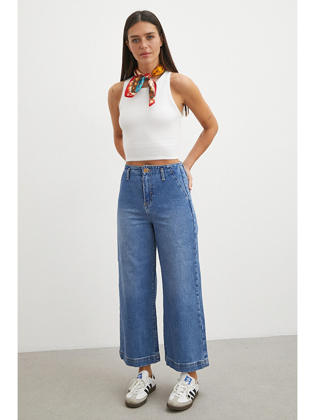 Yüksek Bel Cep Detaylı Wide Leg Jean Mavi-3
