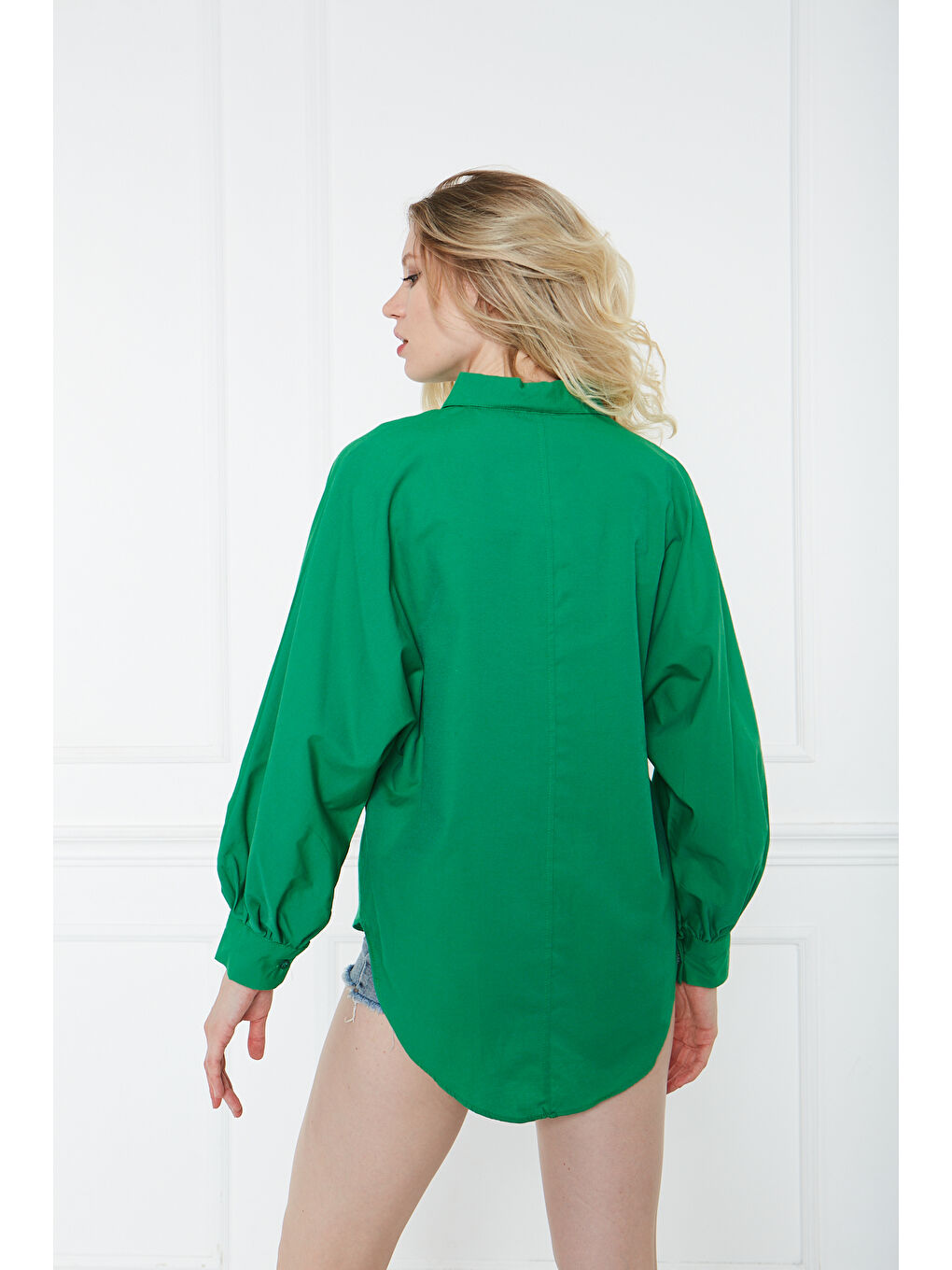 Kadın Trend Balon Kol Düğmeli Basic Yeşil Tunik Gömlek-7