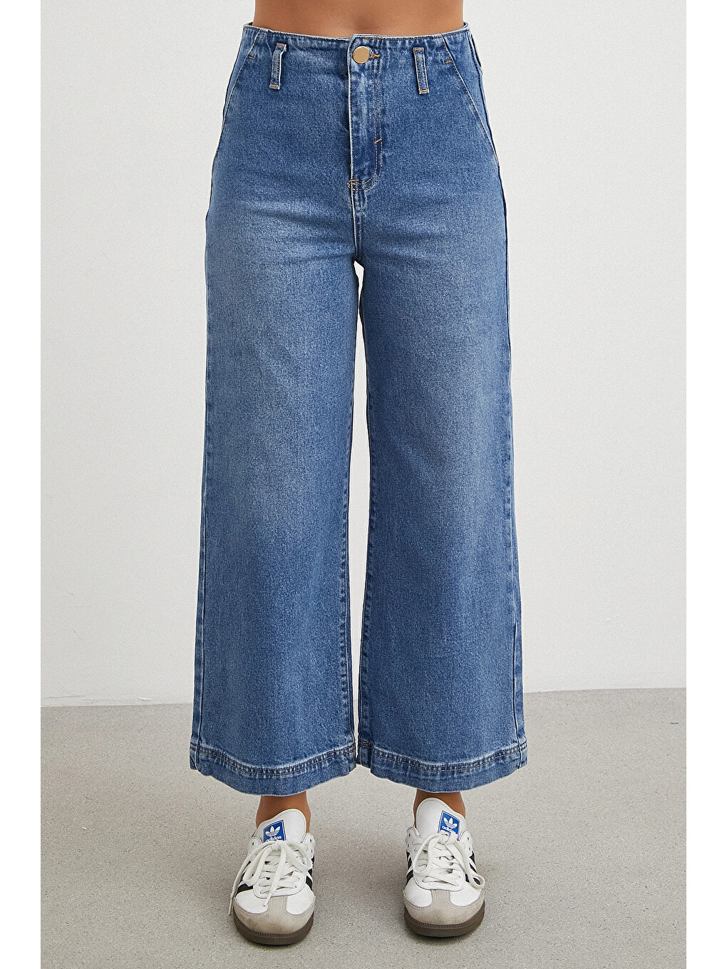 Yüksek Bel Cep Detaylı Wide Leg Jean Mavi-4
