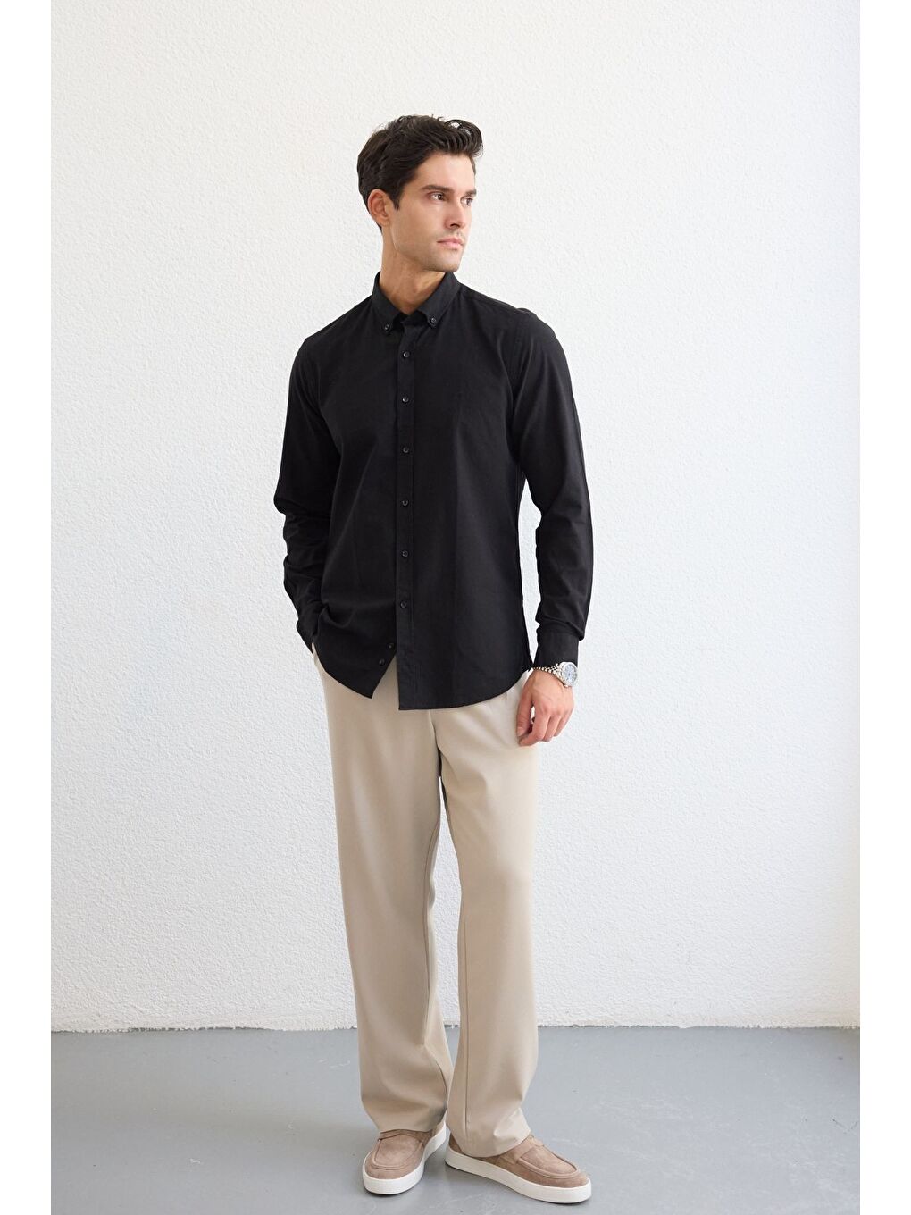 Siyah Turi Erkek Pamuk Gömlek Modern Slim Fit Keten Görünümlü Uzun Kol-2