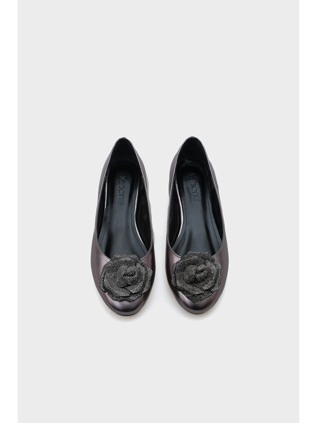 Gri Audrey Yuvarlak Burunlu Taşlı Çiçekli Kadın Babet-5