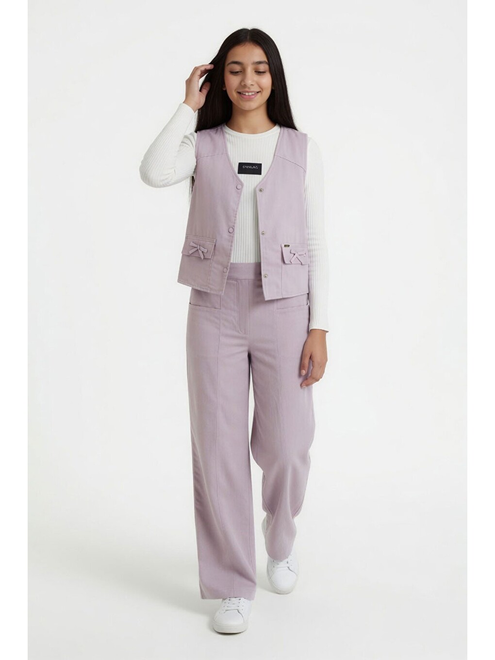 Pembe Cepli Keten Yelekli Yüksek Bel Pantolonlu Badili Kız Çocuk Takım 24571-1